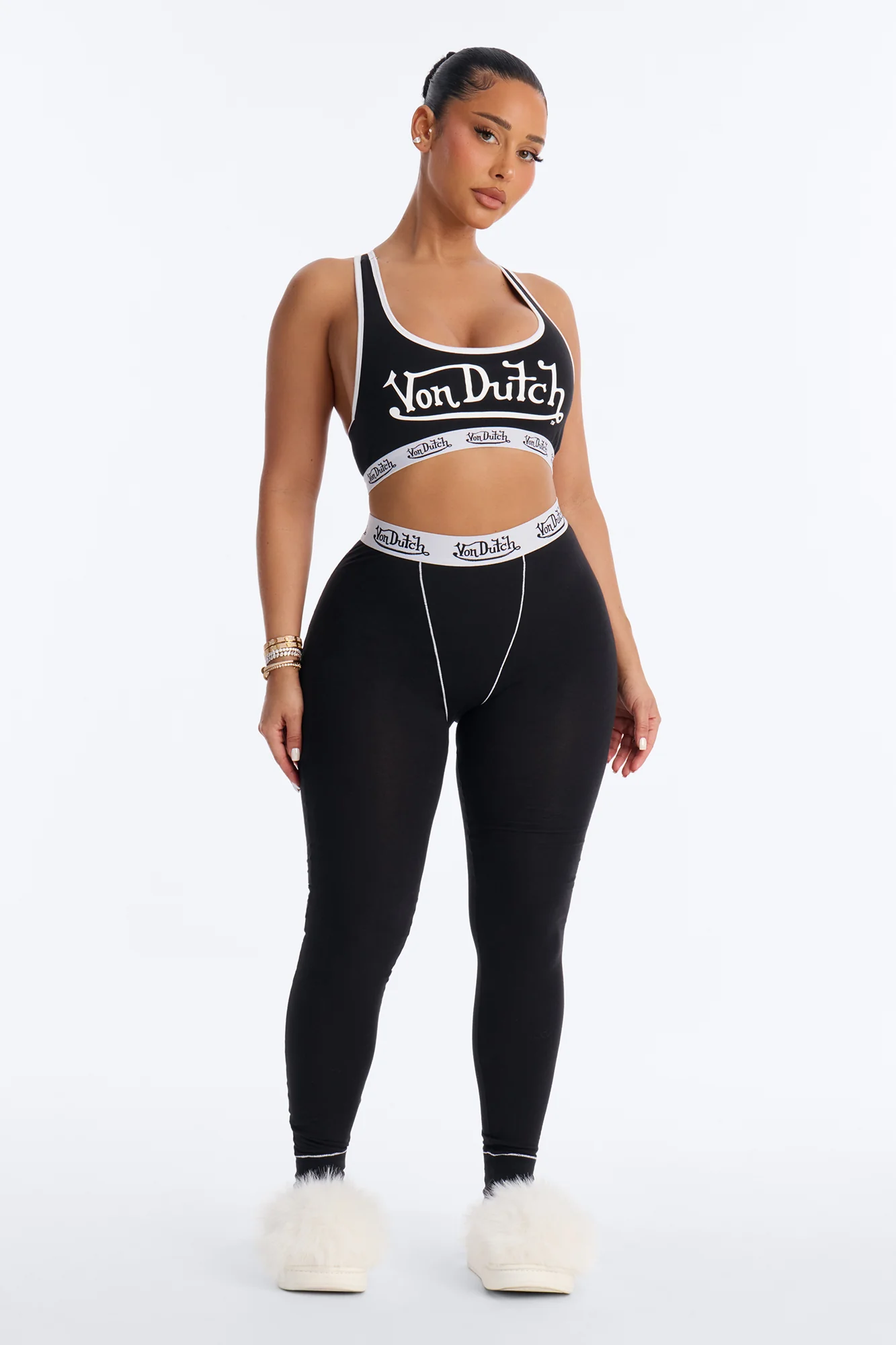 Von Dutch Contrast Stitching Bralette PJ Legging Pant Set - Black