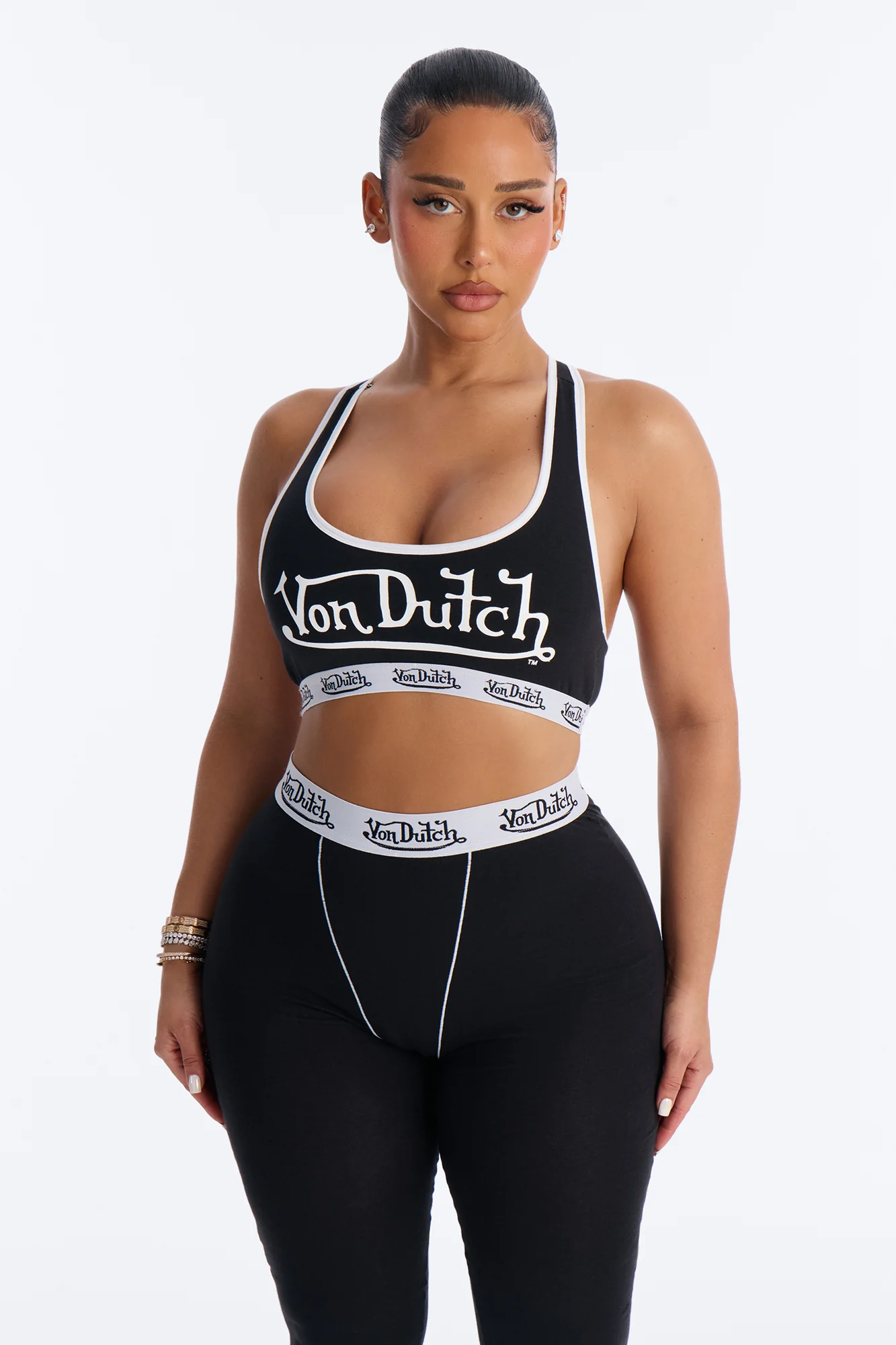 Von Dutch Contrast Stitching Bralette PJ Legging Pant Set - Black - Image 2