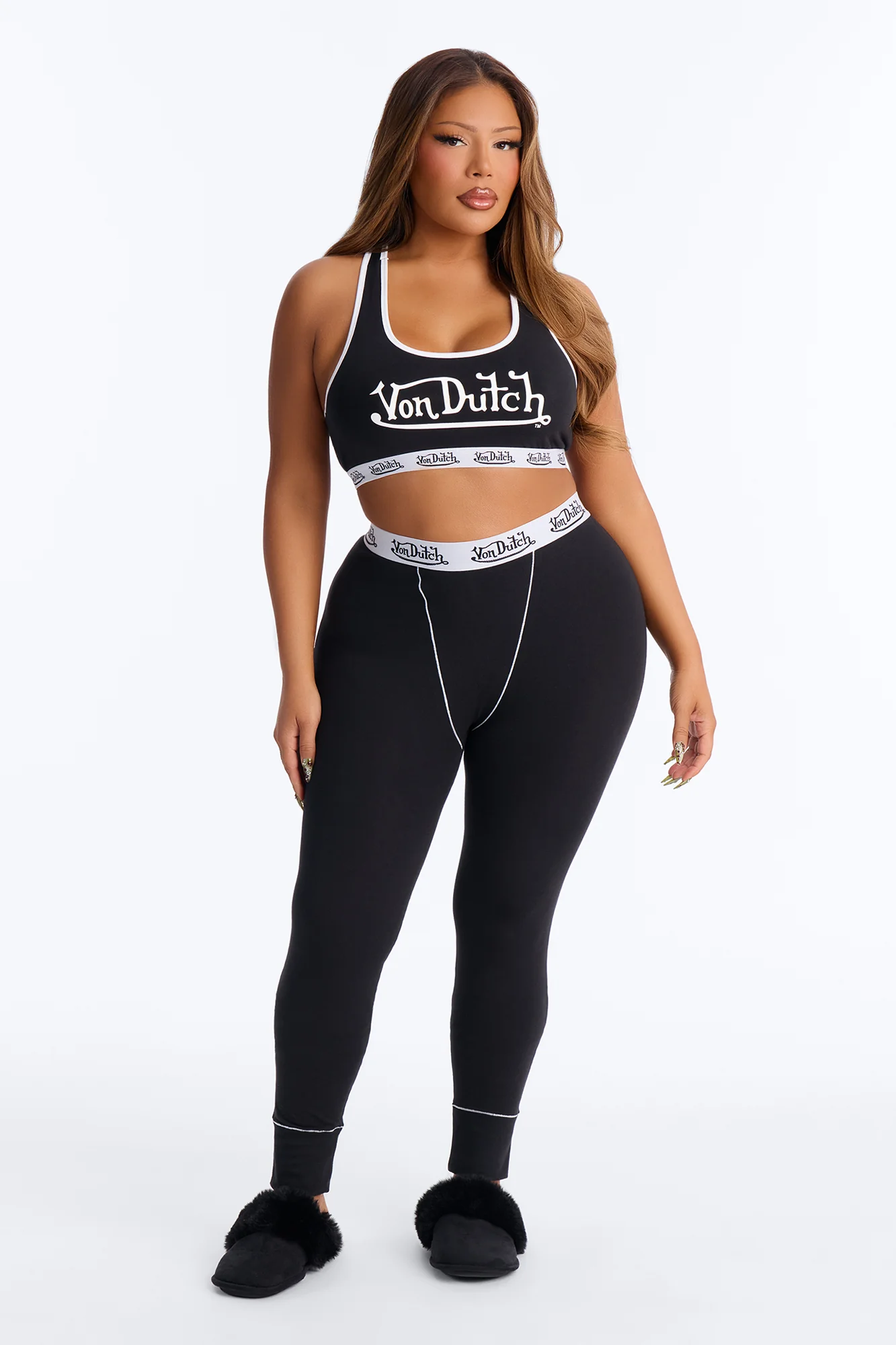 Von Dutch Contrast Stitching Bralette PJ Legging Pant Set - Black - Image 5