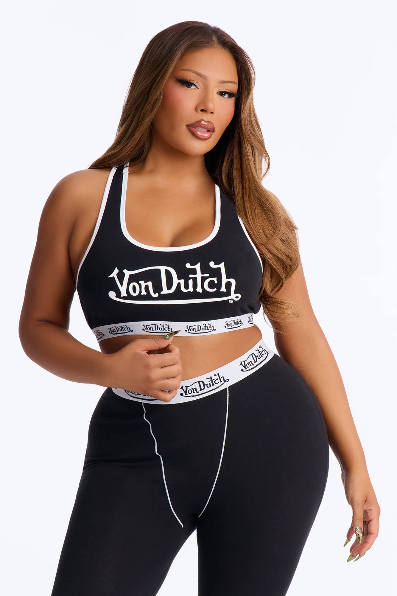 Von Dutch Contrast Stitching Bralette PJ Legging Pant Set - Black - Image 6