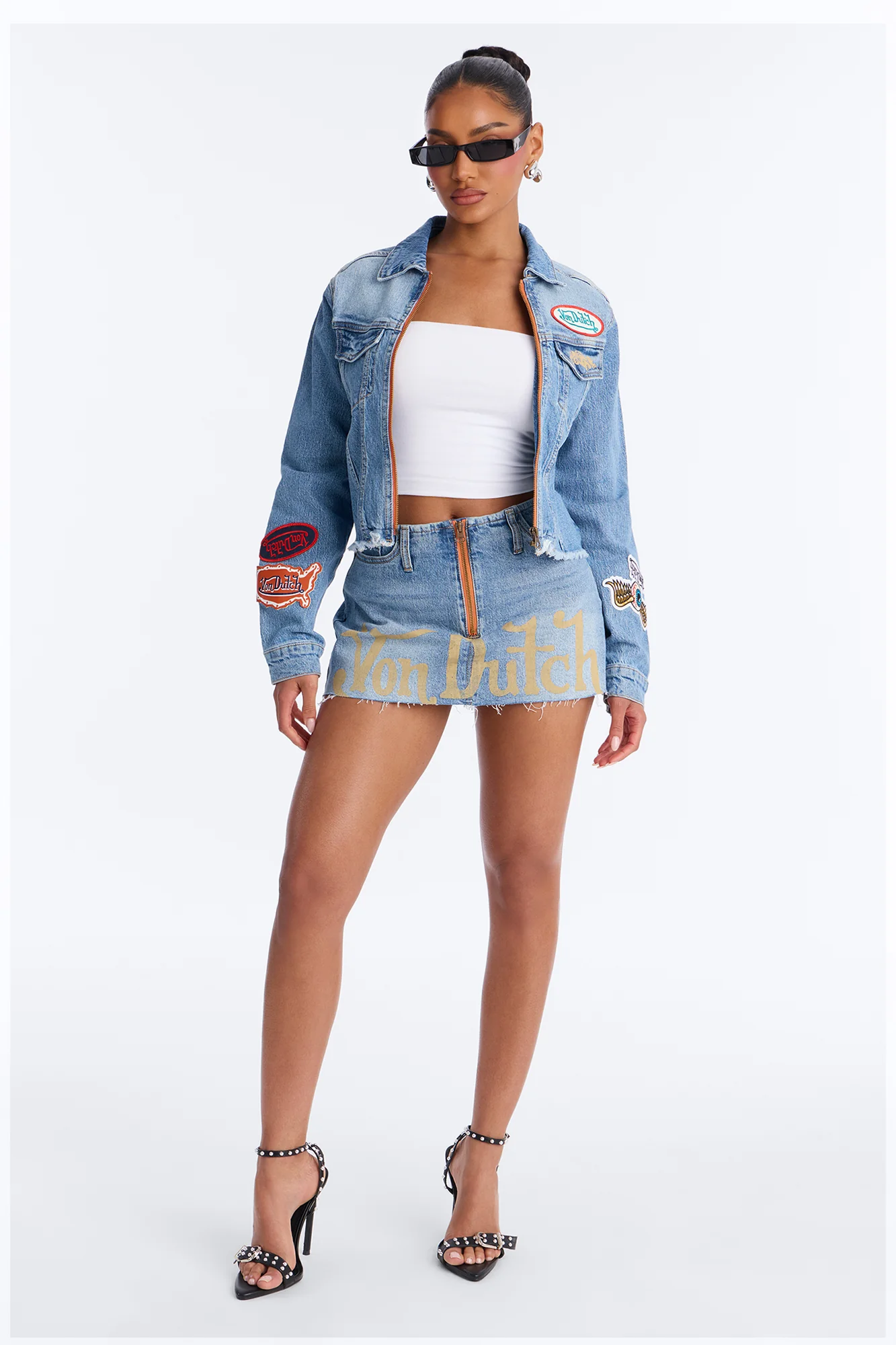 Von Dutch Cropped Zip Front Denim Jacket - Medium Wash - Image 2