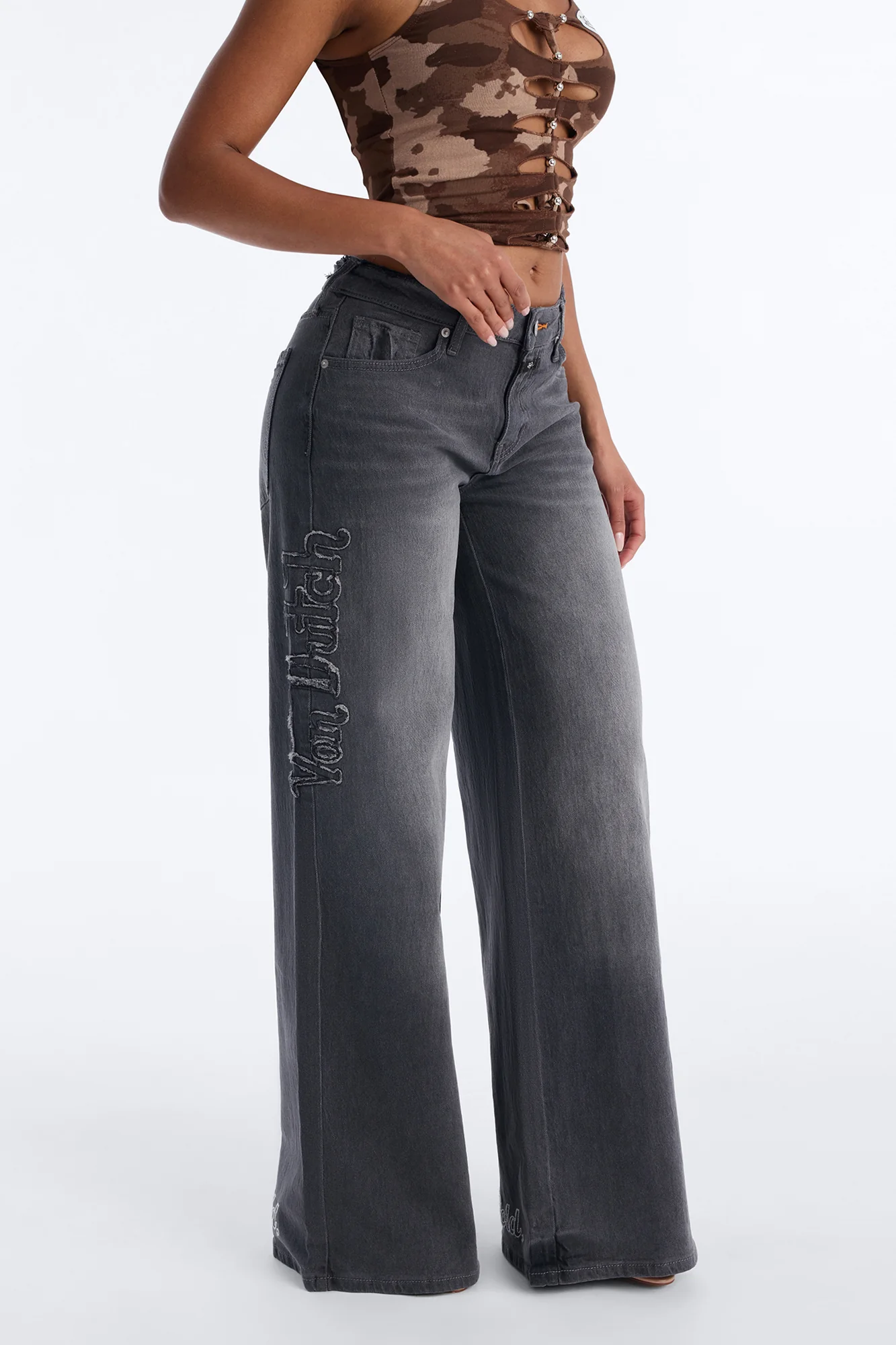 Von Dutch Cut Off Wide Leg Jeans - Grey - Image 3