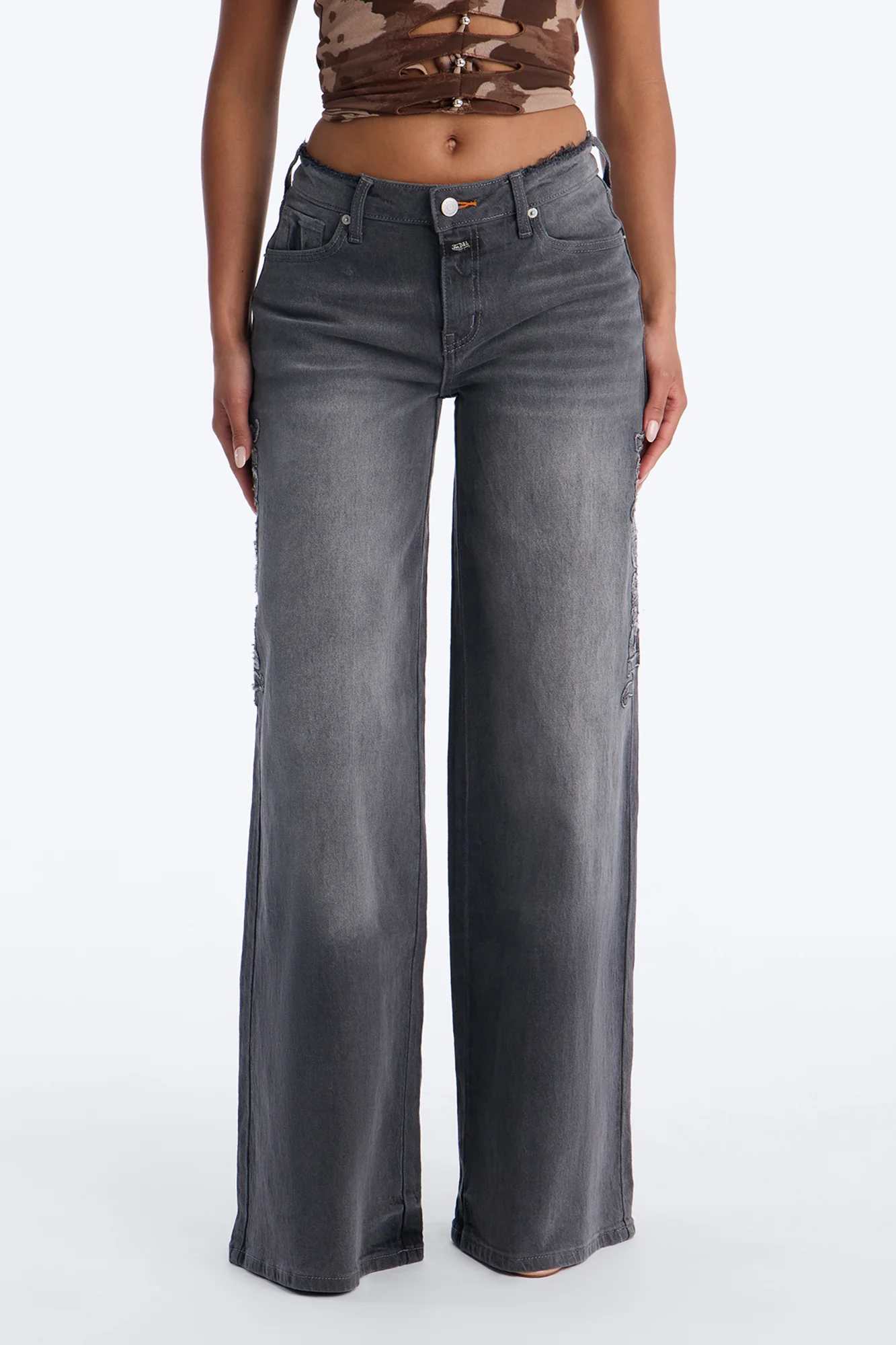 Von Dutch Cut Off Wide Leg Jeans - Grey - Image 4