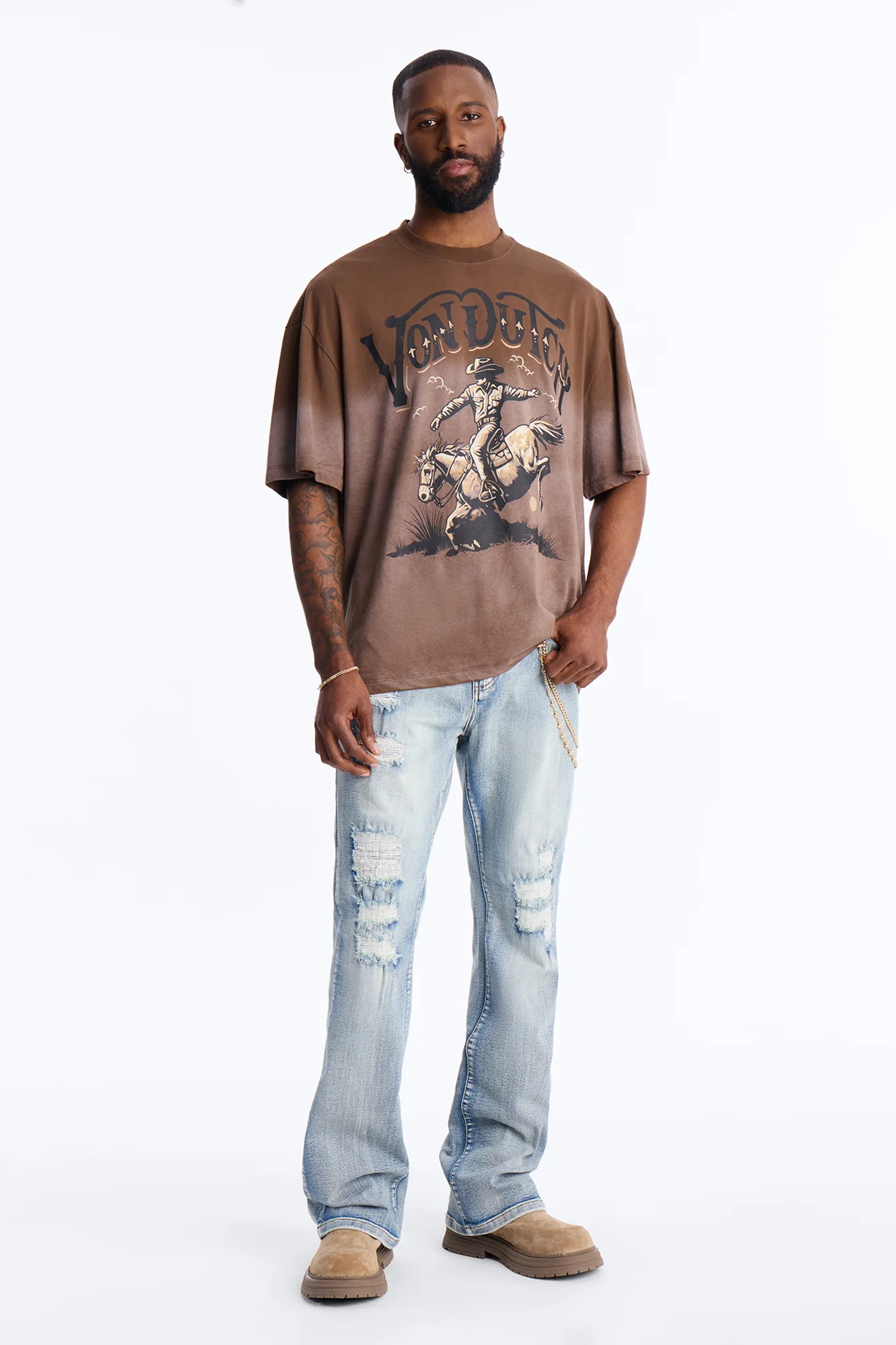 Von Dutch Dip Dye Ridin Boxy Short Sleeve Tee - Brown - Image 2