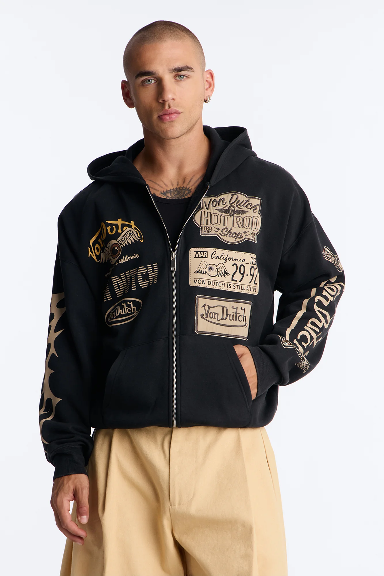 Von Dutch Embroidery Patches Oversized Zip Hoodie - Black Wash