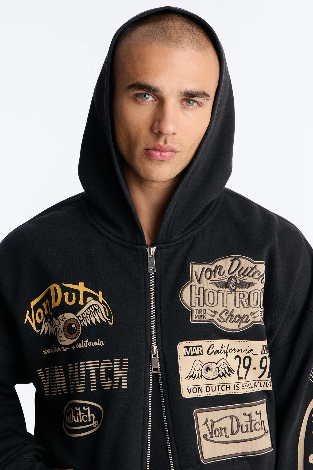 Von Dutch Embroidery Patches Oversized Zip Hoodie - Black Wash - Image 3