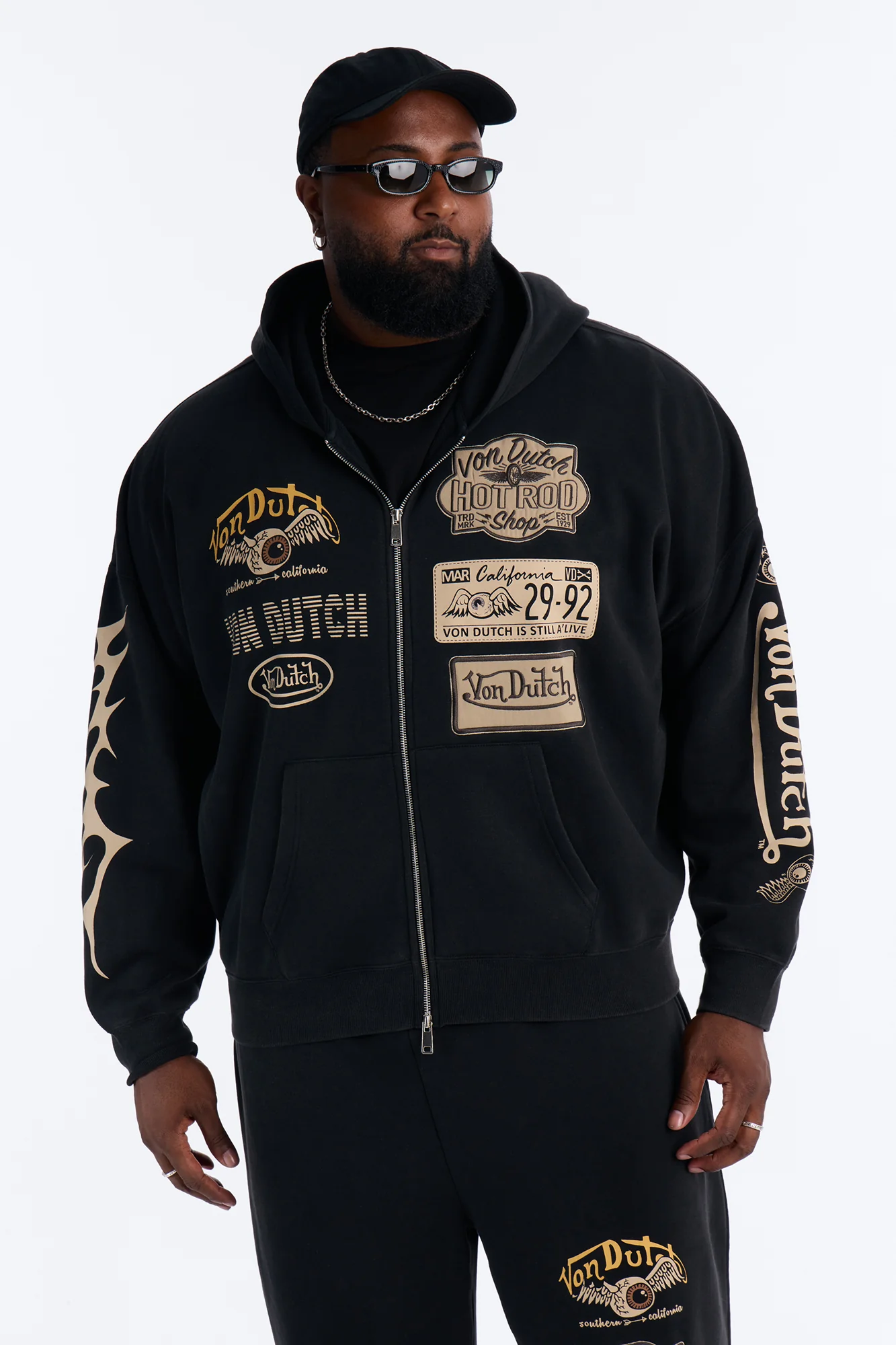Von Dutch Embroidery Patches Oversized Zip Hoodie - Black Wash - Image 5