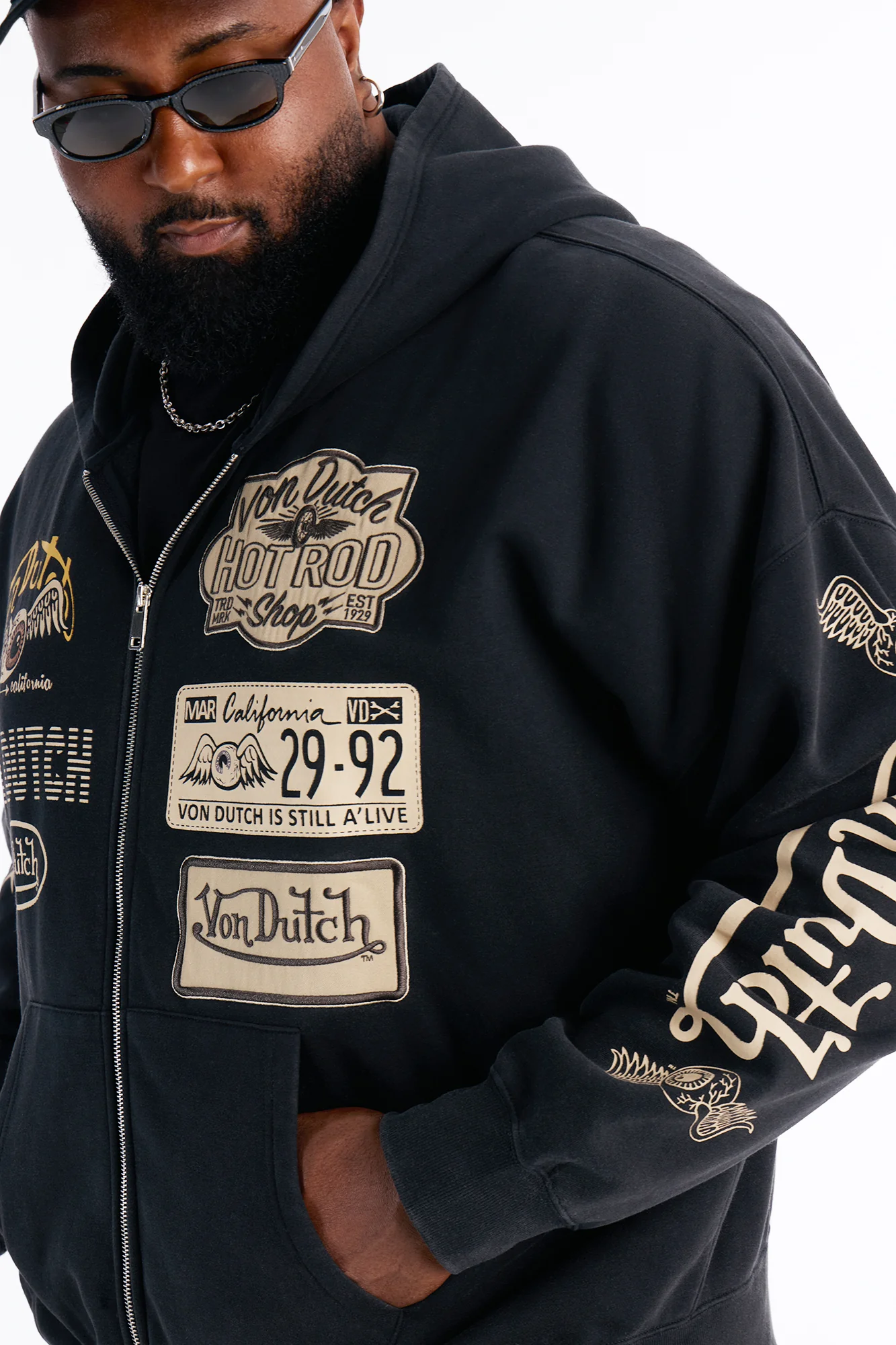 Von Dutch Embroidery Patches Oversized Zip Hoodie - Black Wash - Image 7