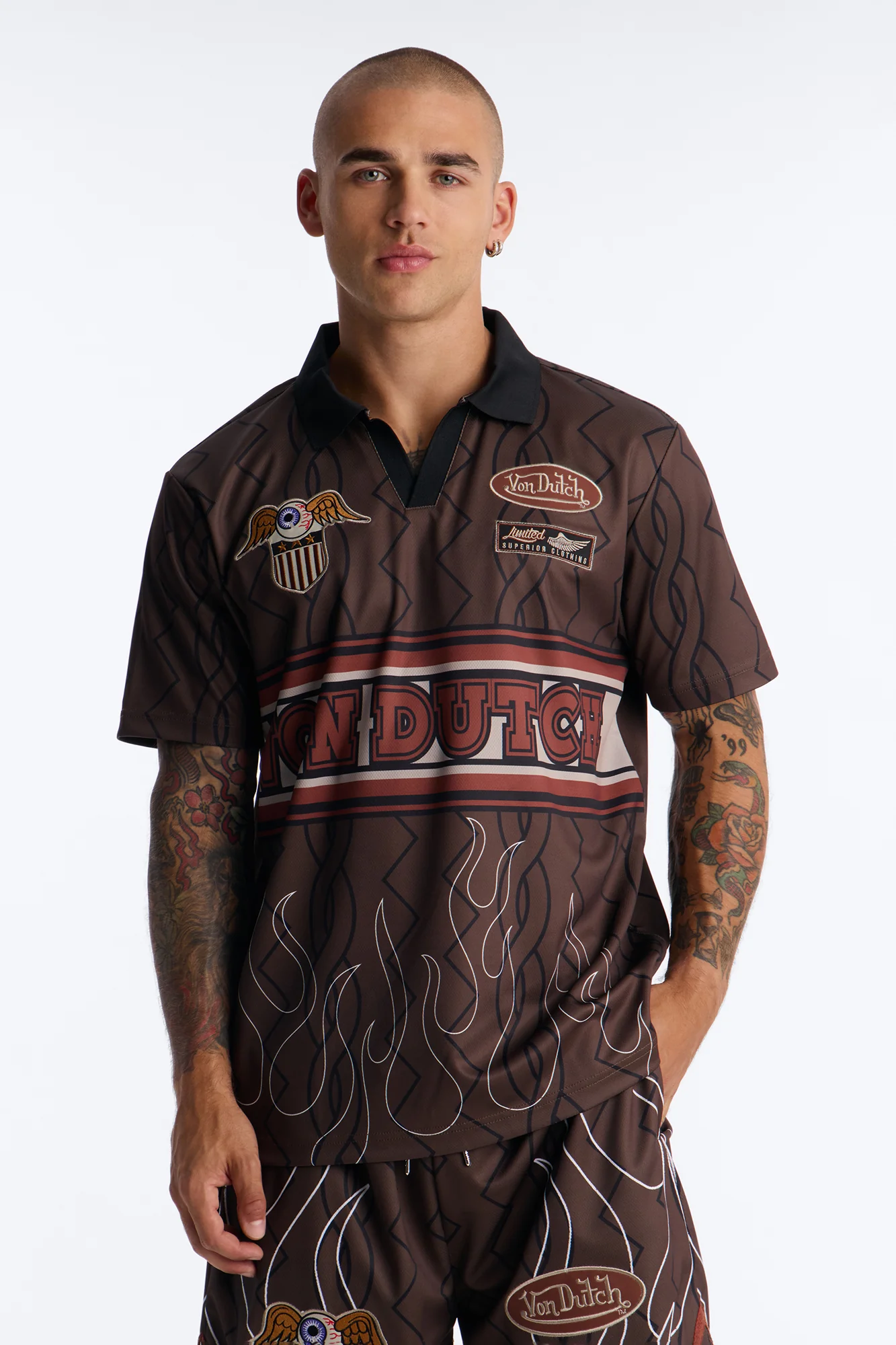 Von Dutch Flame Embroidery Patch Johnny Collar Soccer Jersey - Chocolate