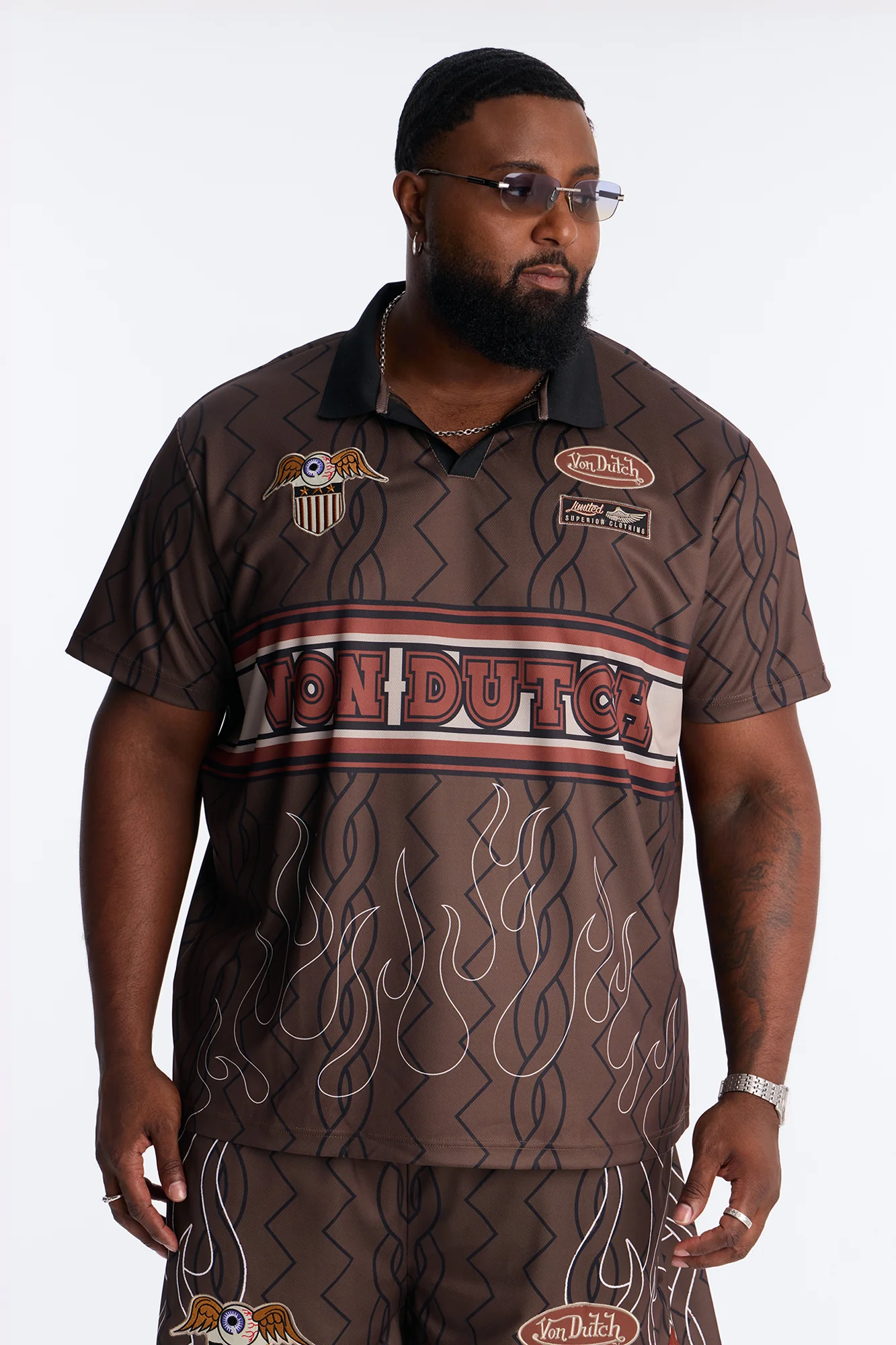 Von Dutch Flame Embroidery Patch Johnny Collar Soccer Jersey - Chocolate - Image 5