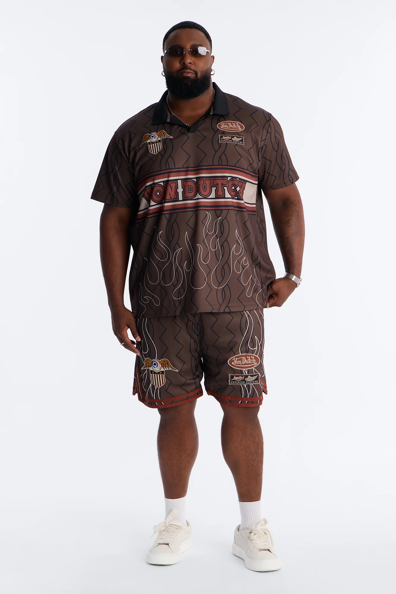 Von Dutch Flame Embroidery Patch Johnny Collar Soccer Jersey - Chocolate - Image 6