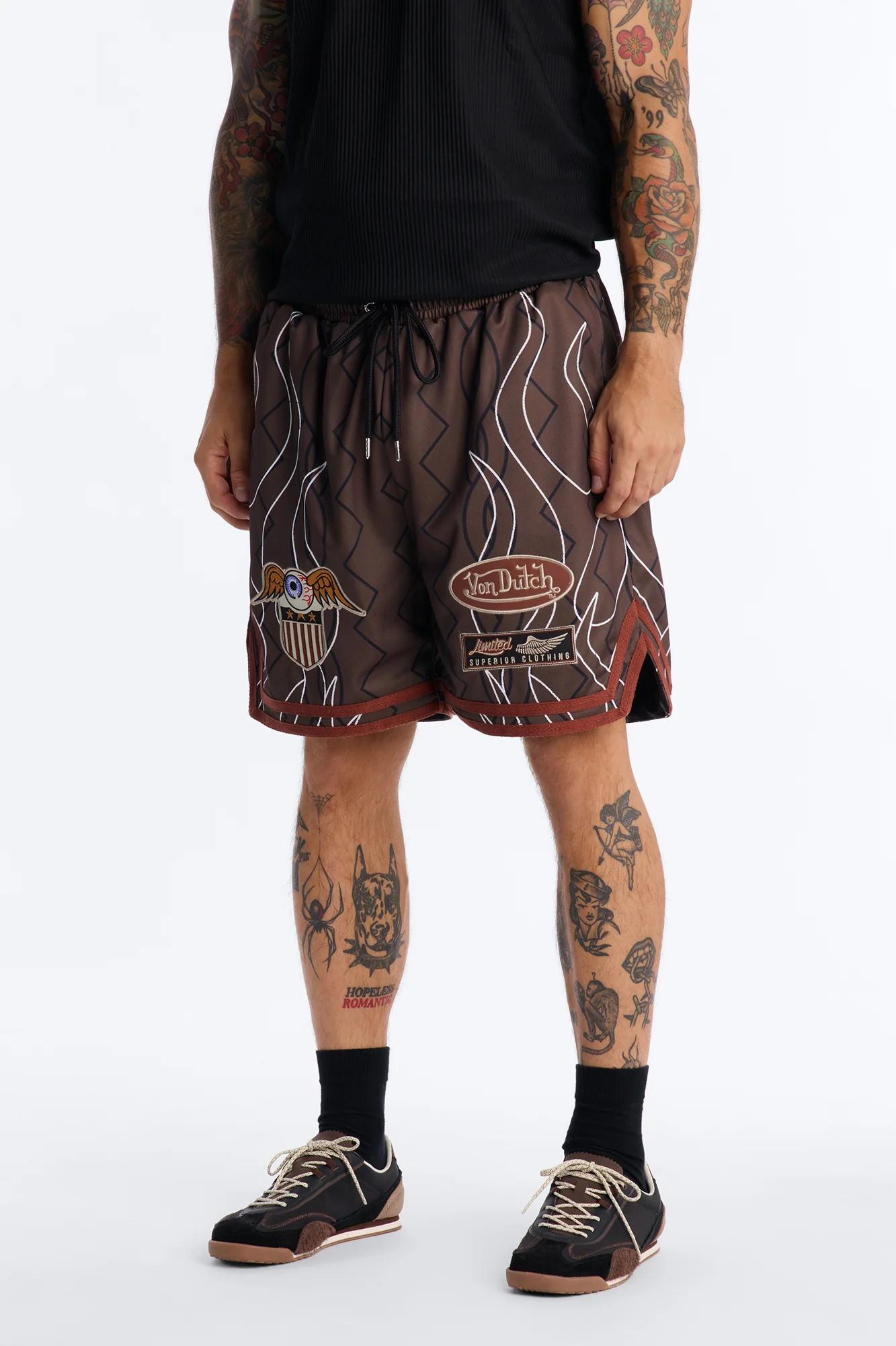 Von Dutch Flame Embroidery Patch Mesh Short - Chocolate