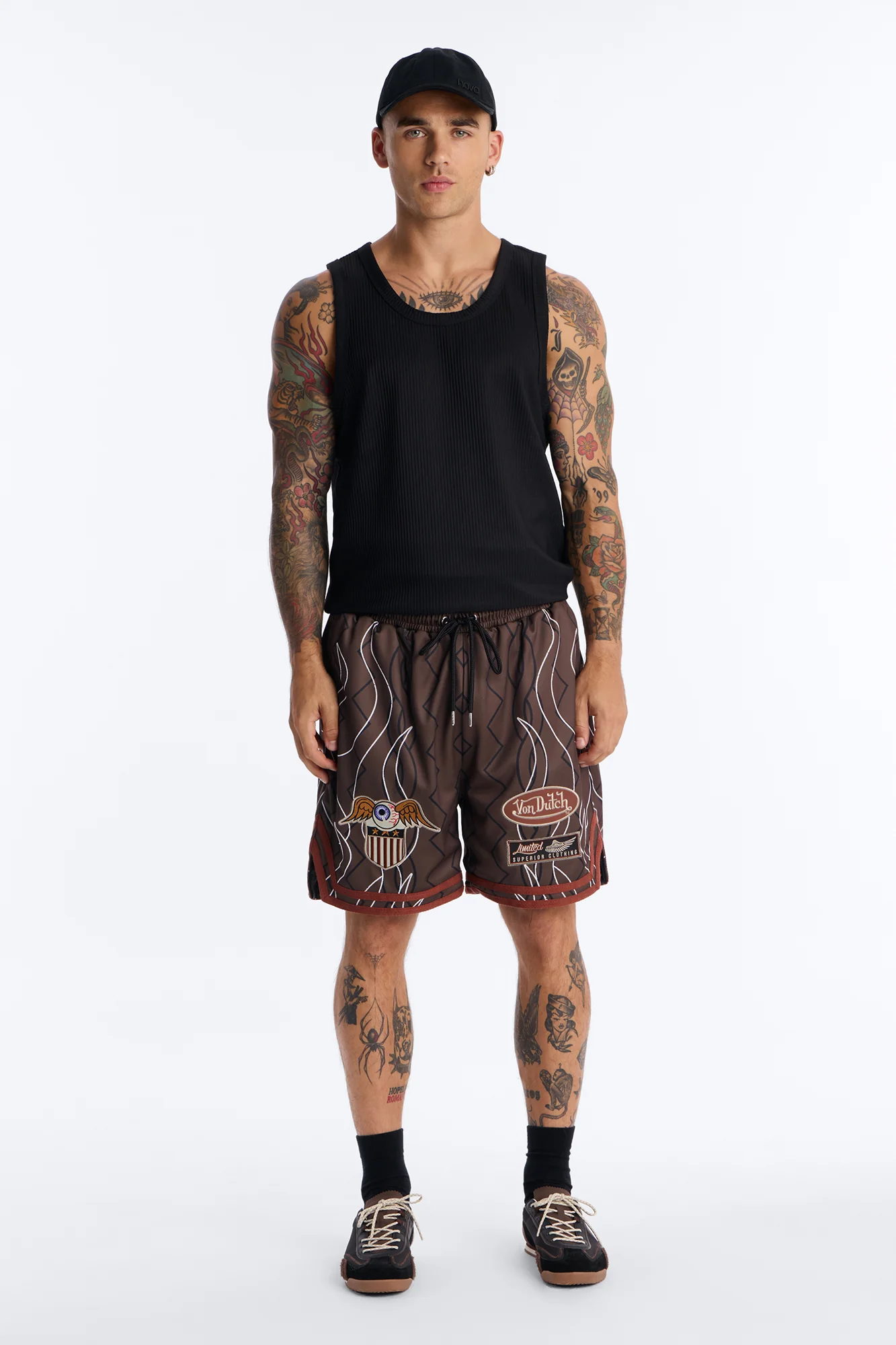 Von Dutch Flame Embroidery Patch Mesh Short - Chocolate - Image 2