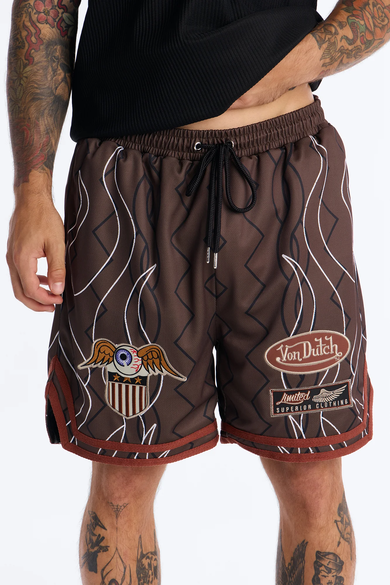 Von Dutch Flame Embroidery Patch Mesh Short - Chocolate - Image 3