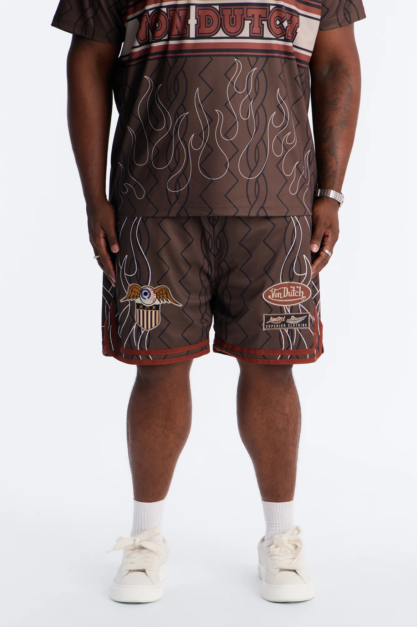 Von Dutch Flame Embroidery Patch Mesh Short - Chocolate - Image 5