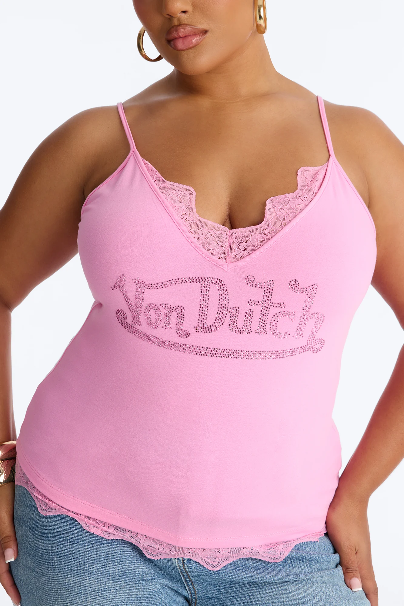 Von Dutch Lace Tank With Rhinestones - Light Pink - Image 7