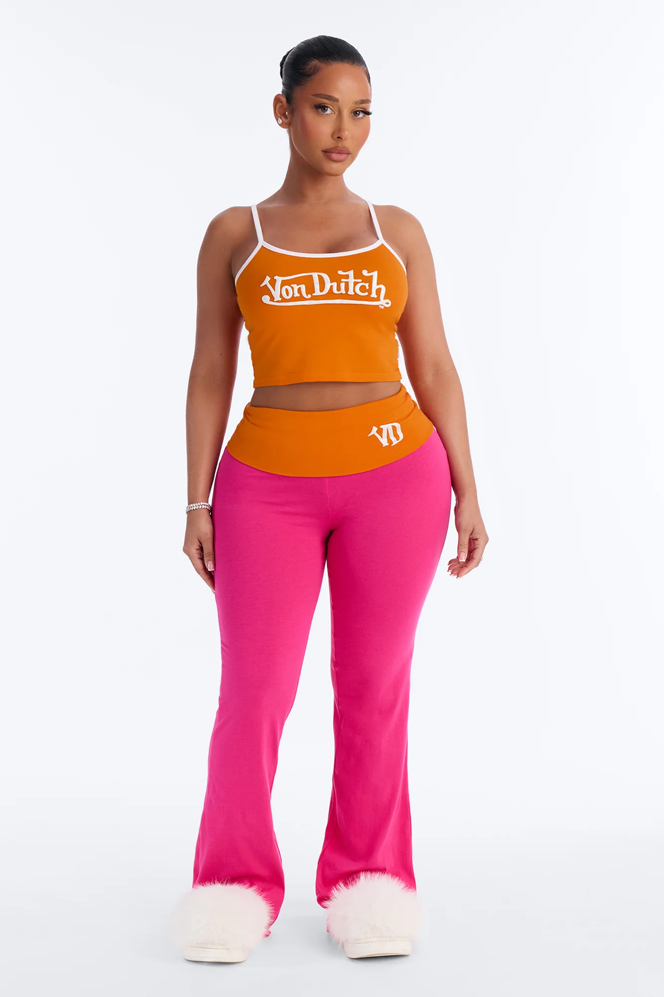 Von Dutch Logo Fold Over PJ Pant Set - Magenta/combo