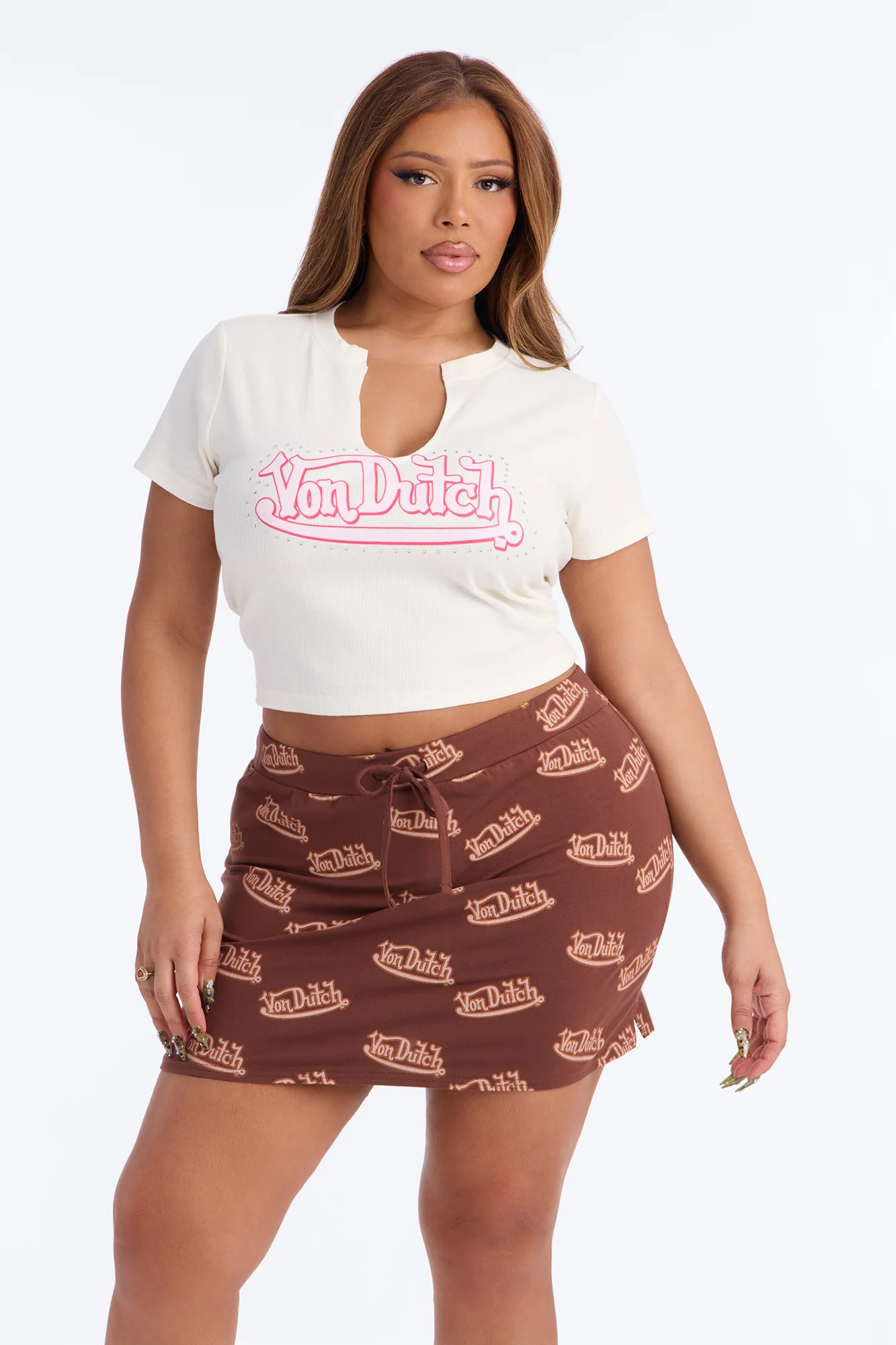 Von Dutch Notch Neck Rhinestone Baby Tee - Ivory - Image 5