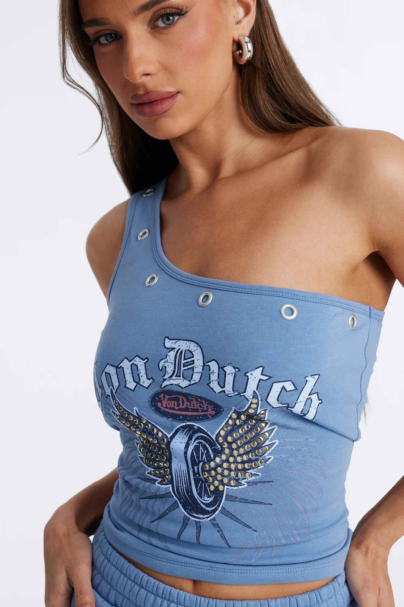 Von Dutch One Shoulder Studded Tank Top - Light Blue