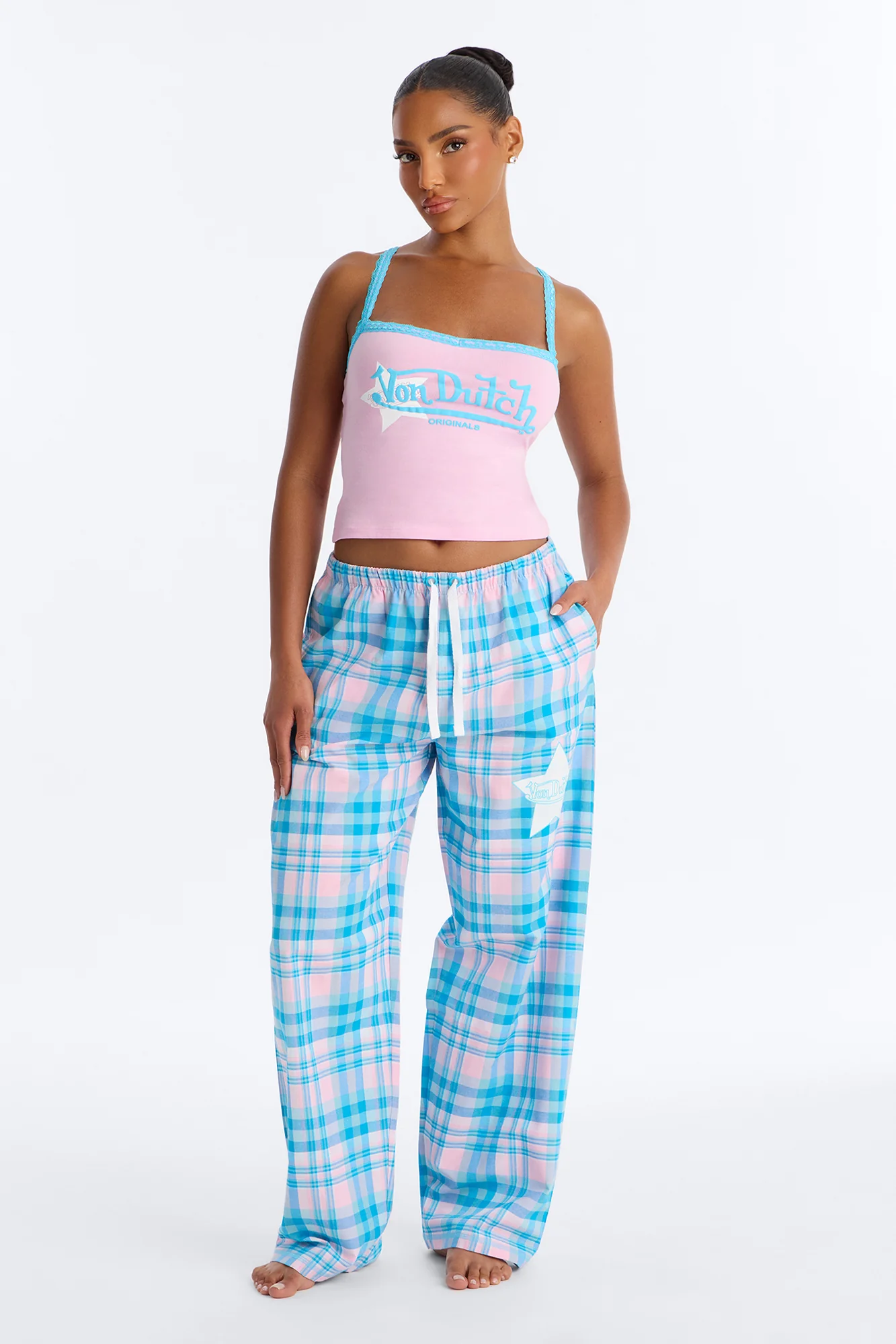 Von Dutch Plaid Star PJ Pant Set - Pink/combo