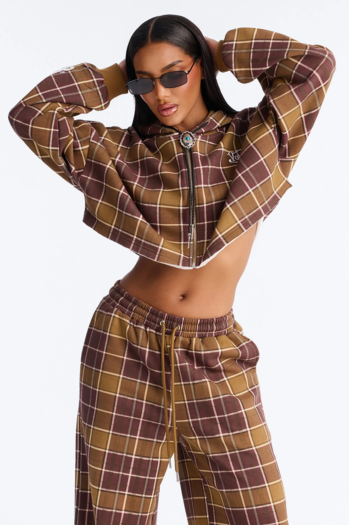Von Dutch Plaid Western Spirit Zip Up Sweatshirt - Brown Combo