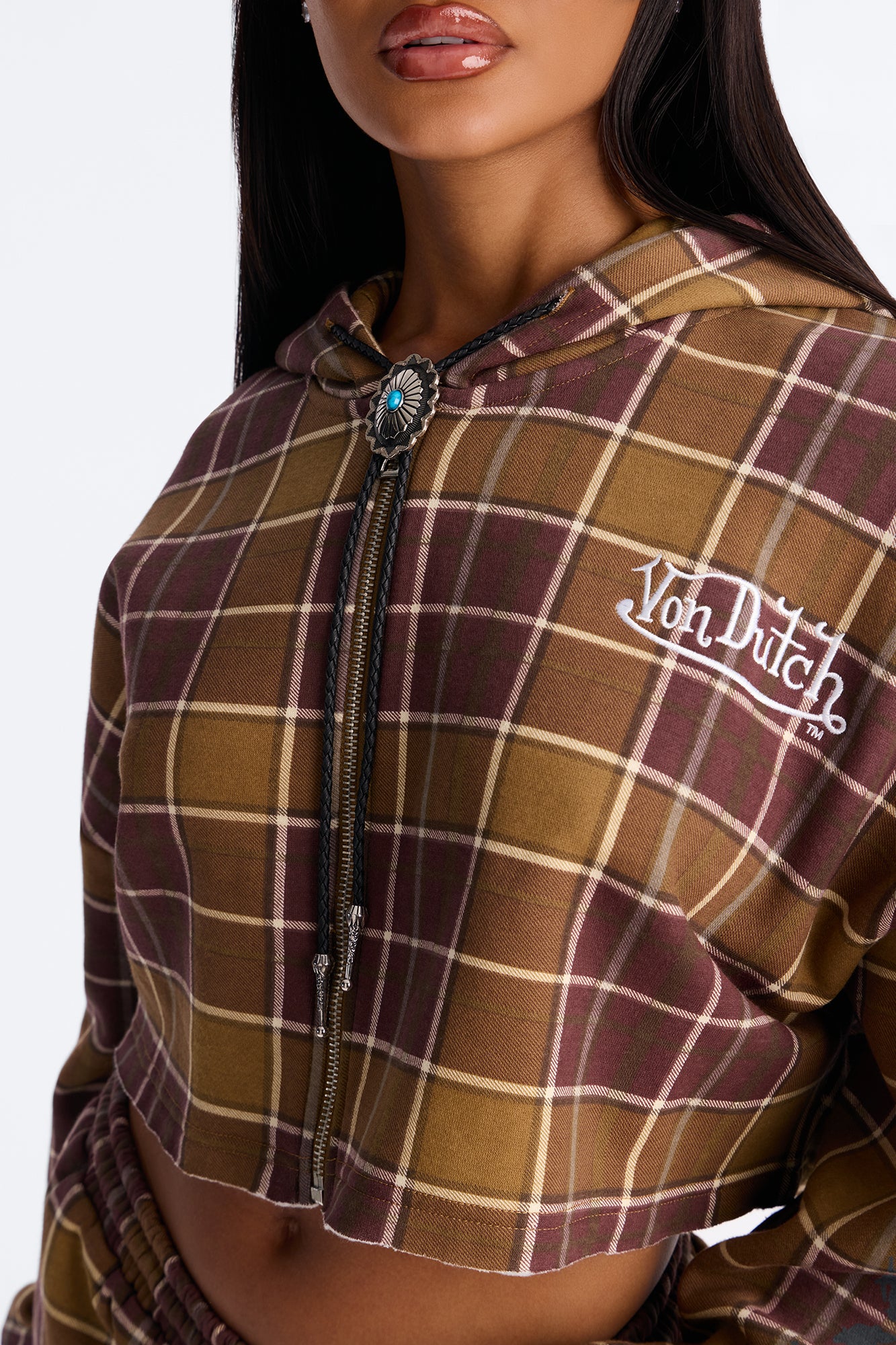 Von Dutch Plaid Western Spirit Zip Up Sweatshirt - Brown Combo - Image 3
