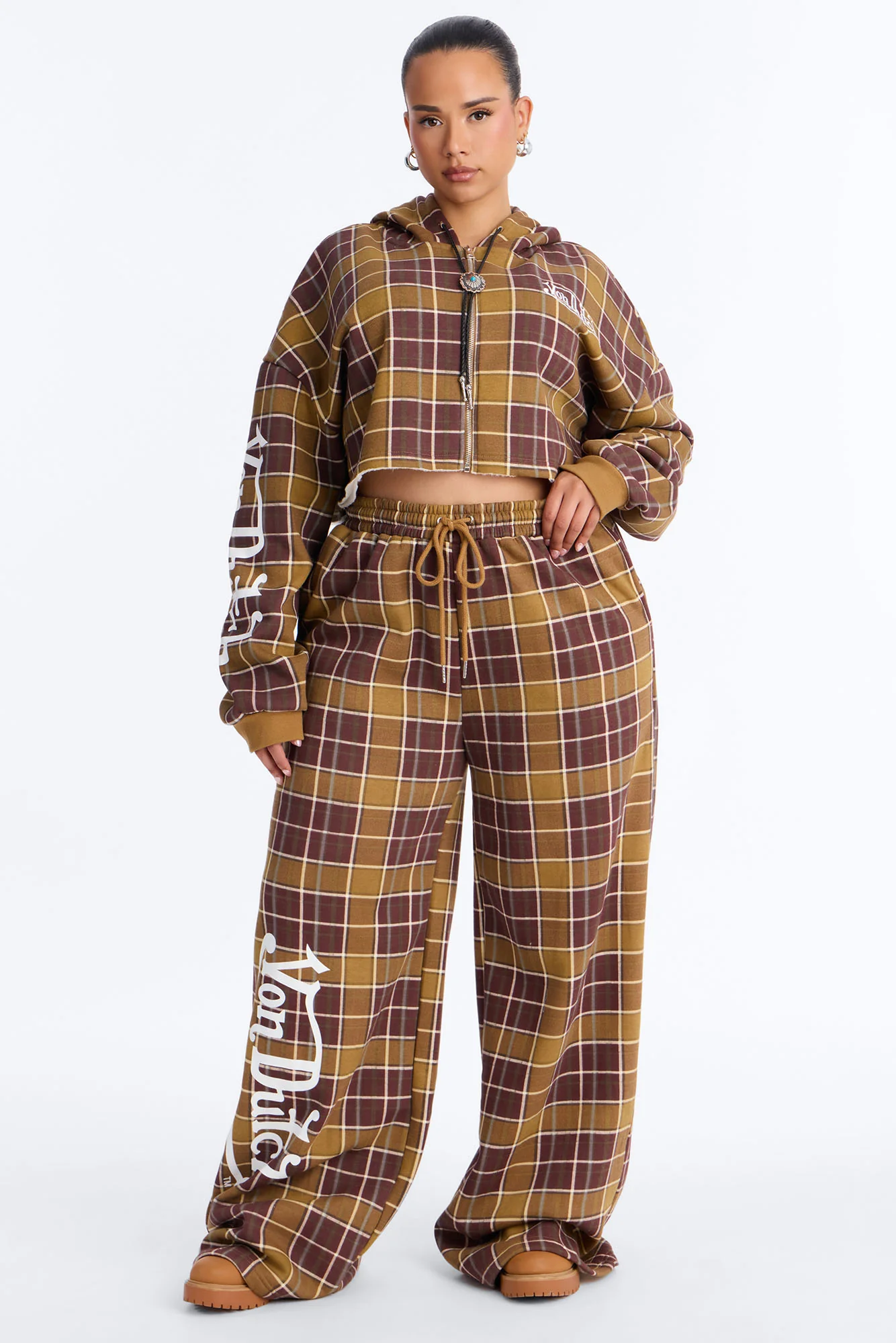 Von Dutch Plaid Western Spirit Zip Up Sweatshirt - Brown Combo - Image 6