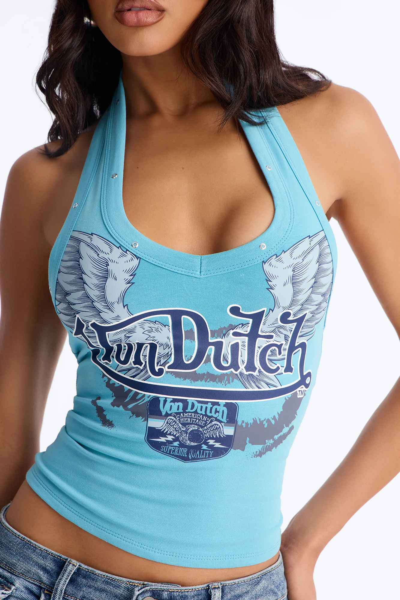 Von Dutch Rocker Halter Top With Grommets - Light Blue - Image 3