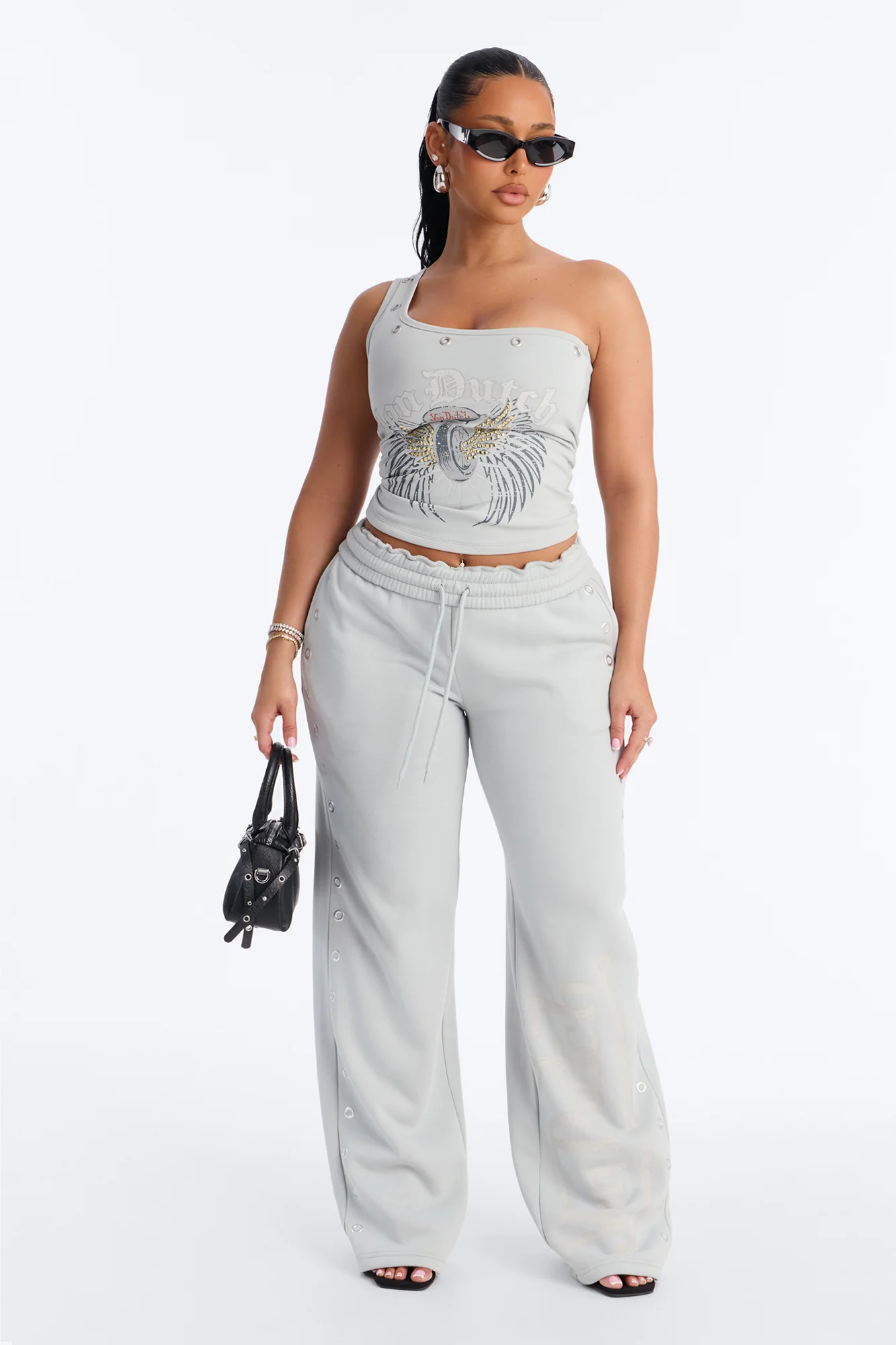 Von Dutch Rocker One Shoulder Studded Tank - Grey - Image 2