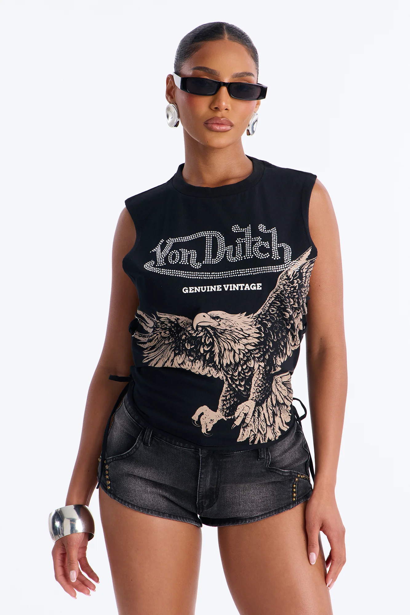 Von Dutch Rocker Rhinestone Grommet Tank Top - Black