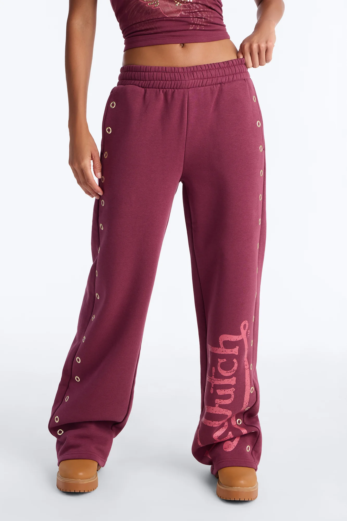 Von Dutch Rocker Wide Leg Pant With Grommets - Burgundy - Image 2
