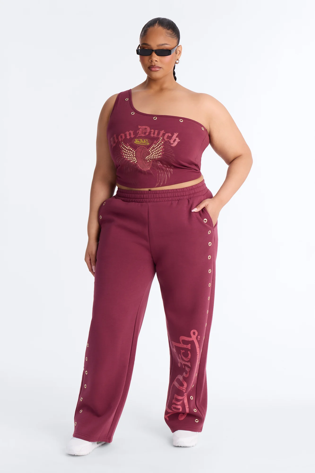 Von Dutch Rocker Wide Leg Pant With Grommets - Burgundy - Image 5