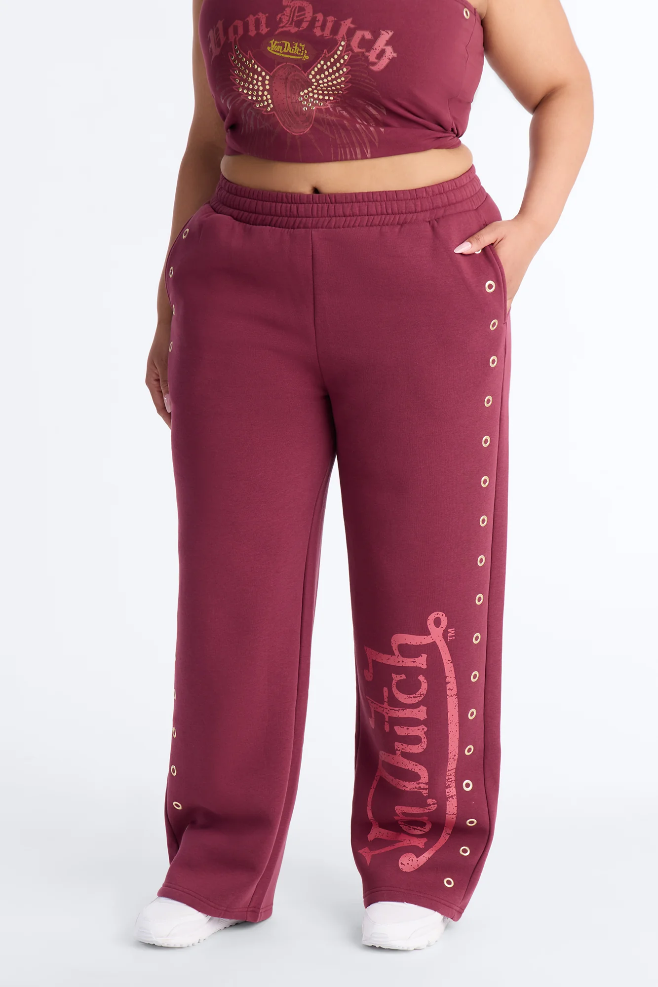 Von Dutch Rocker Wide Leg Pant With Grommets - Burgundy - Image 6
