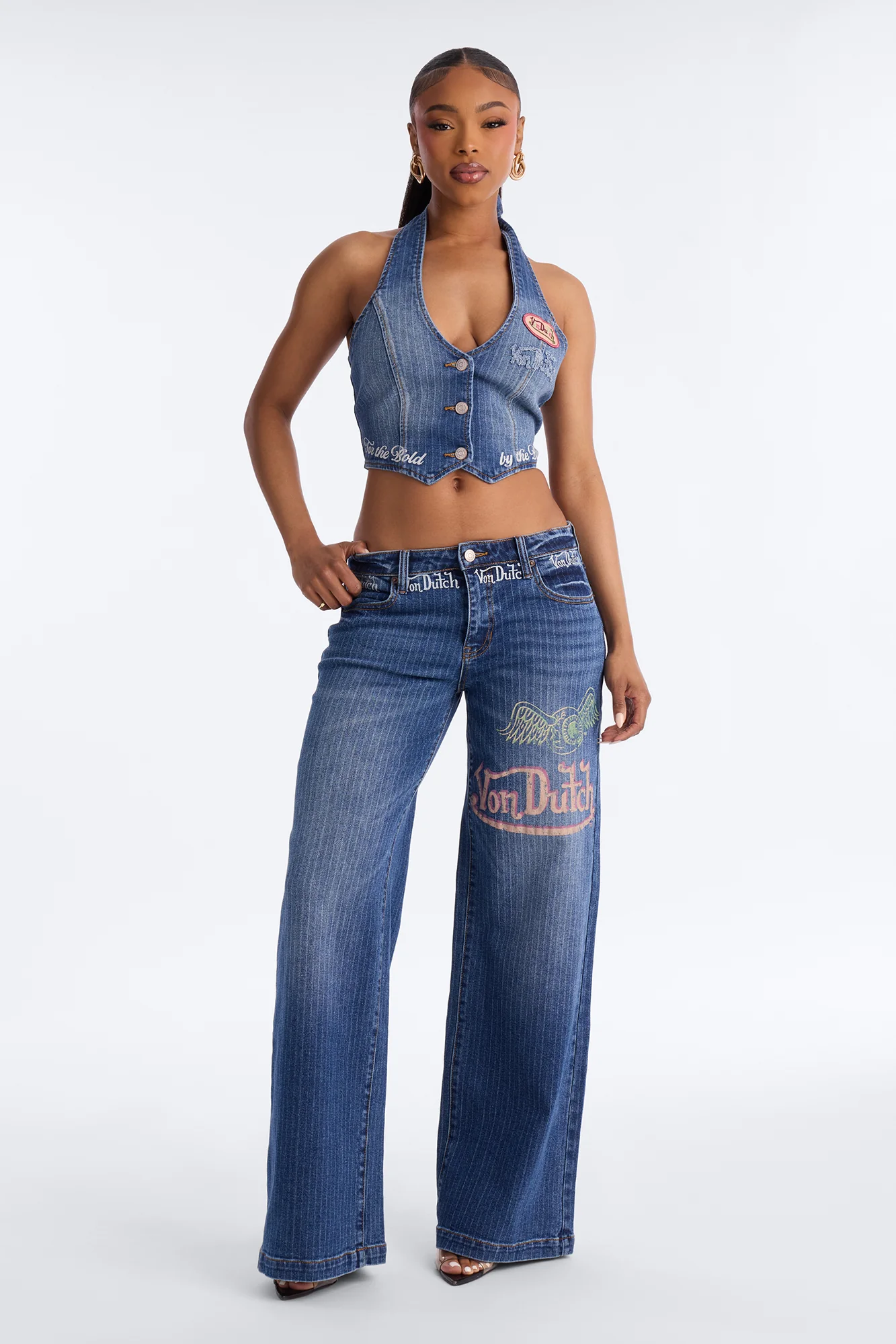 Von Dutch Striped Wide Leg Jeans - Medium Wash