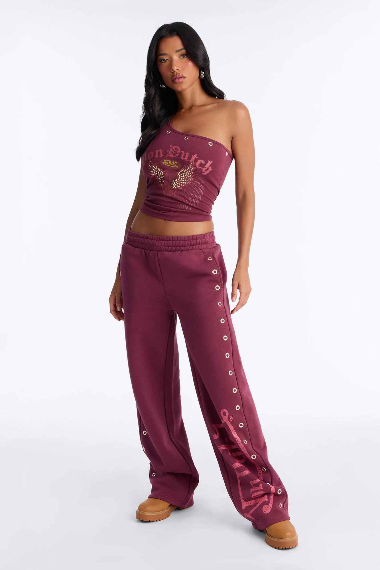 Von Dutch Studded One Shoulder Tank Top - Burgundy - Image 2