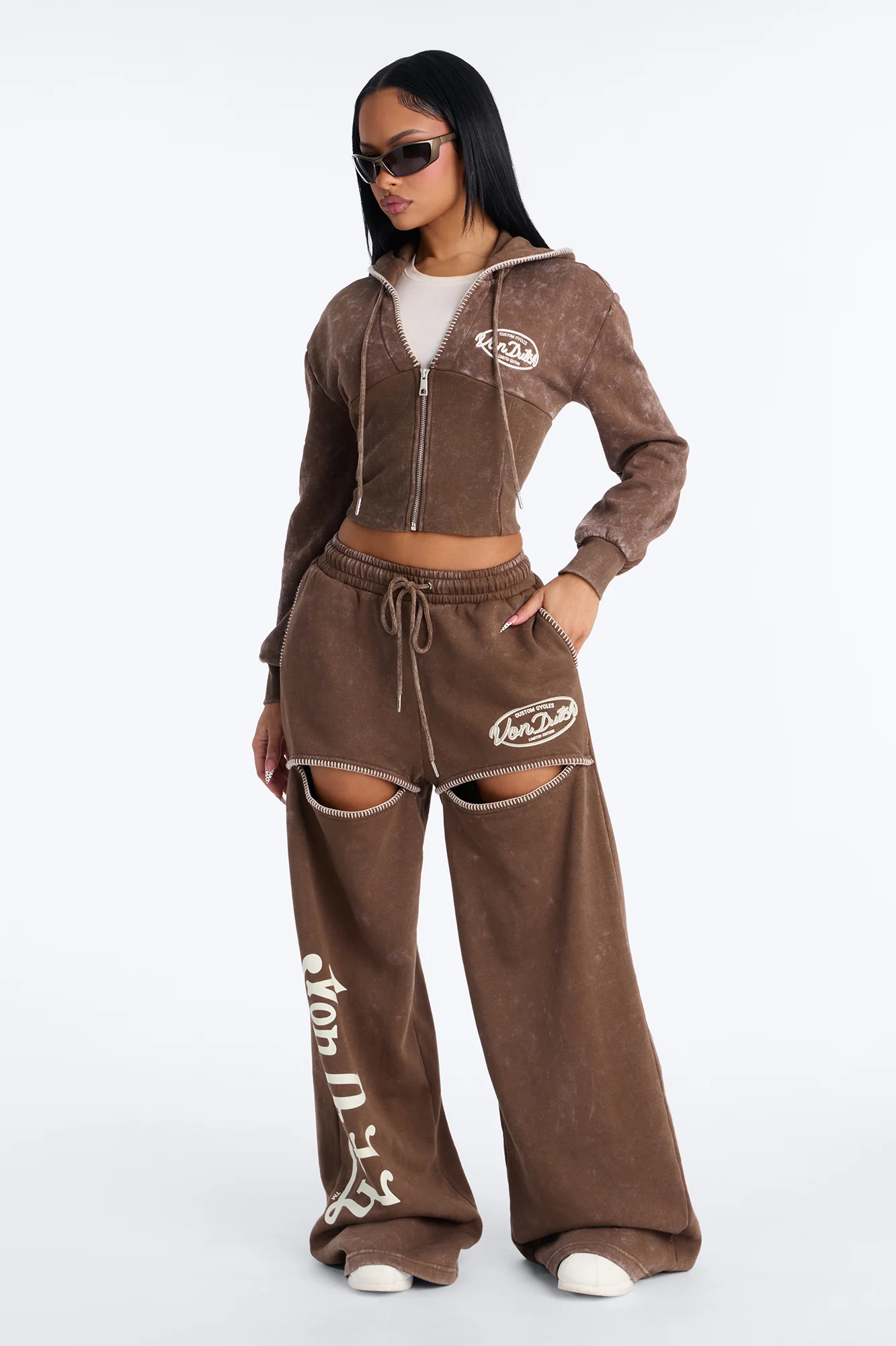 Von Dutch Washed Faded Heat Zip Up Sweatshirt - Brown - Image 2