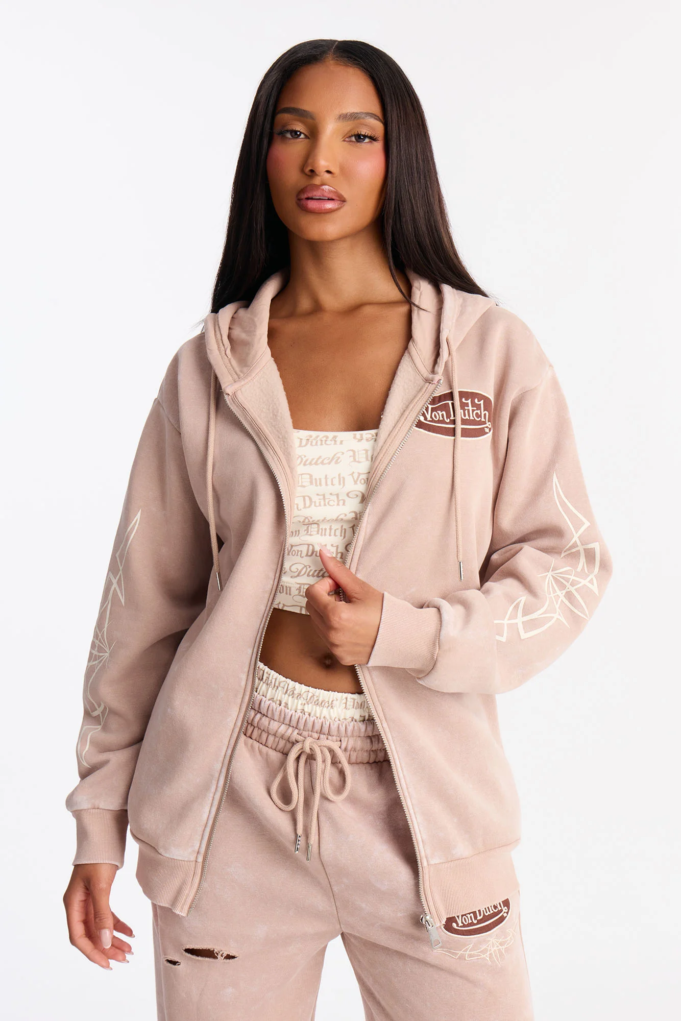 Von Dutch Washed Zip Up Sweatshirt - Taupe