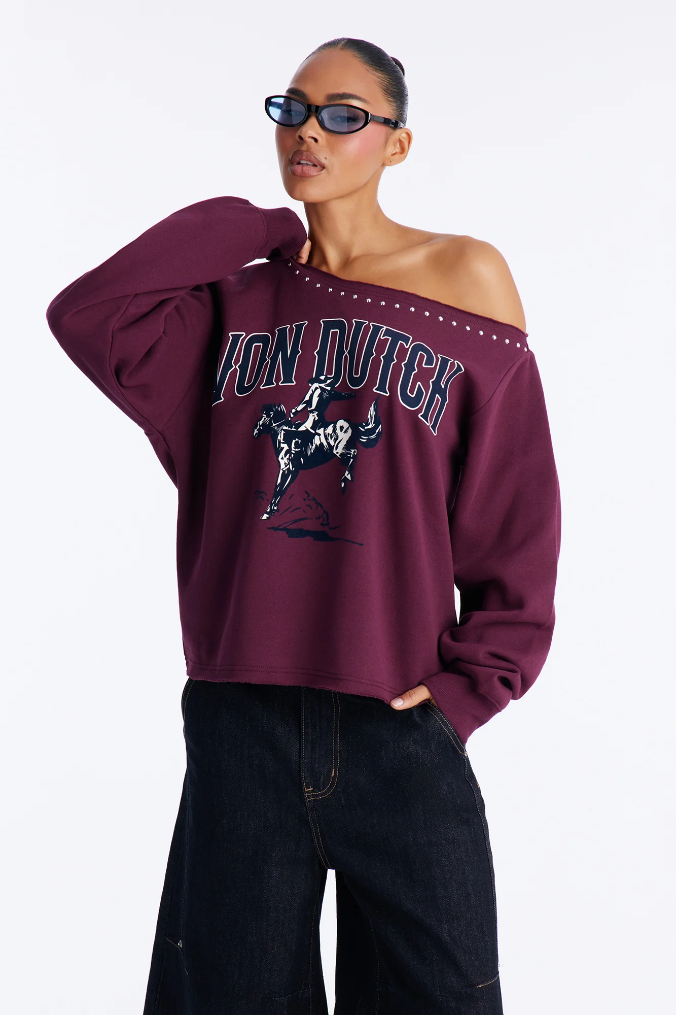 Von Dutch Western Heart Off Shoulder Studded Sweatshirt - Burgundy