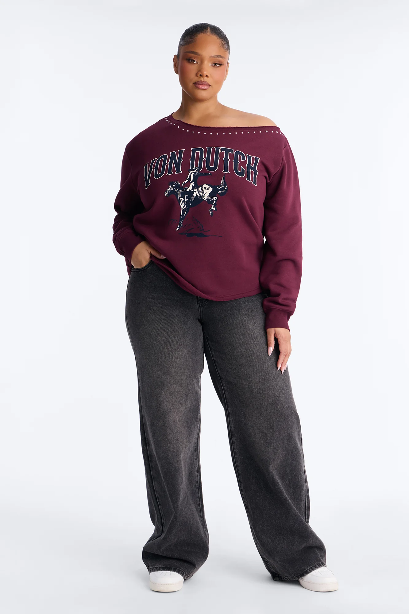 Von Dutch Western Heart Off Shoulder Studded Sweatshirt - Burgundy - Image 6