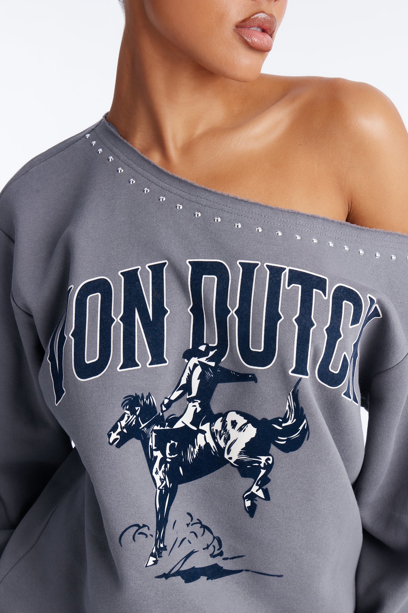 Von Dutch Western Heart Off Shoulder Studded Sweatshirt - Charcoal - Image 3