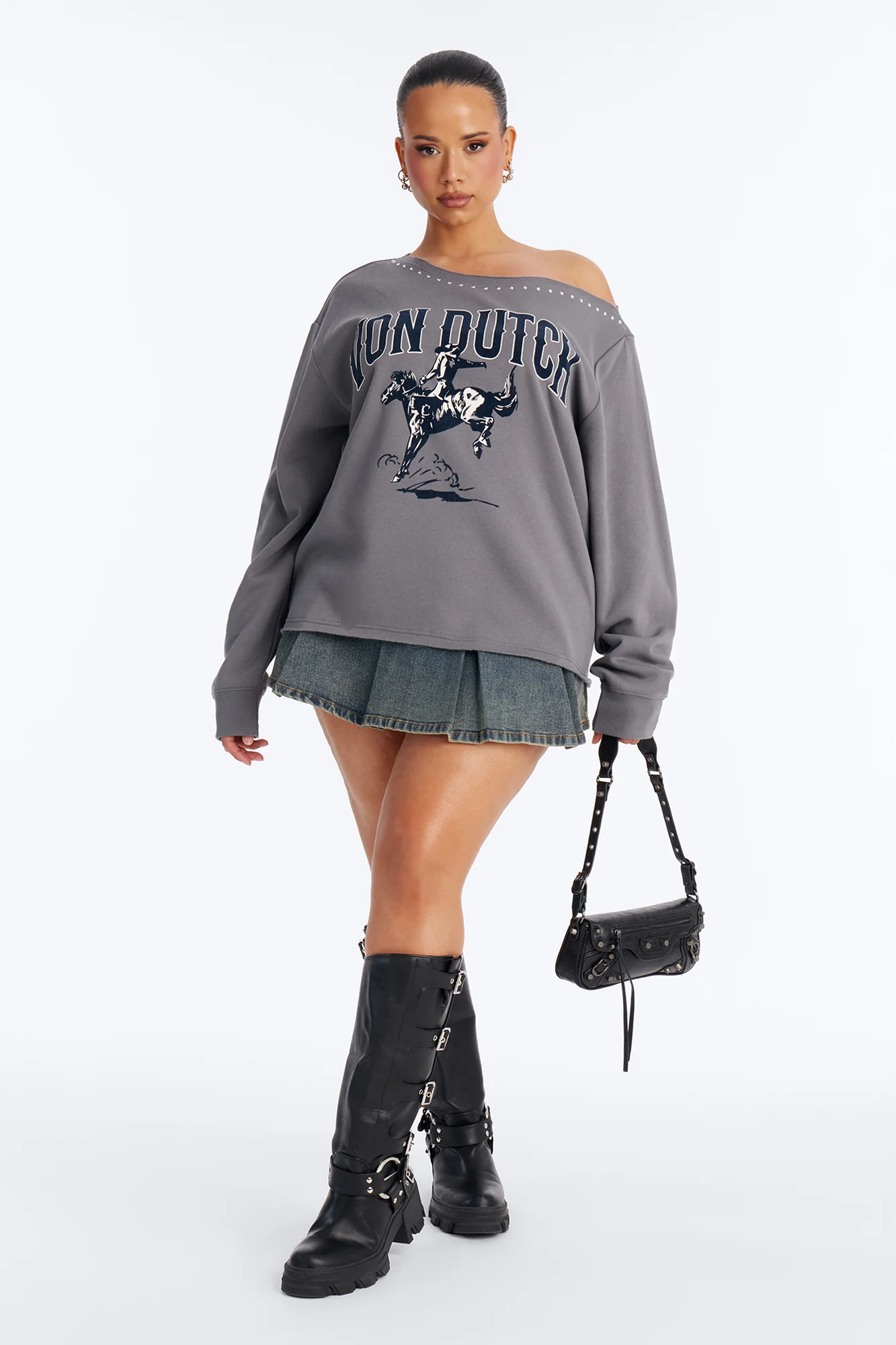 Von Dutch Western Heart Off Shoulder Studded Sweatshirt - Charcoal - Image 6