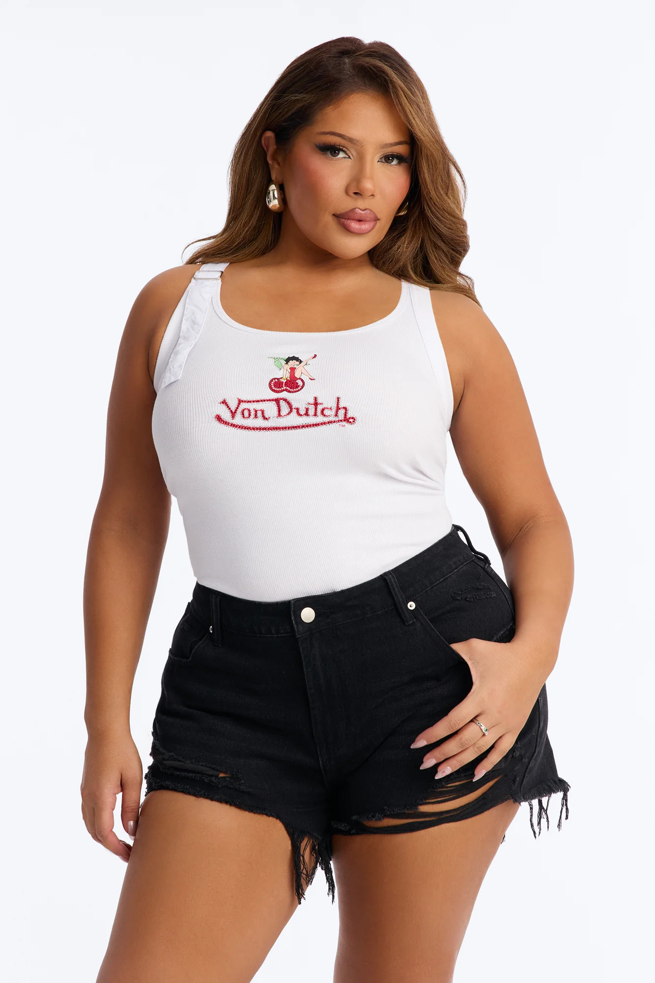 Von Dutch x Betty Boop Cherry Lips Ribbed Tank Top - White - Image 5