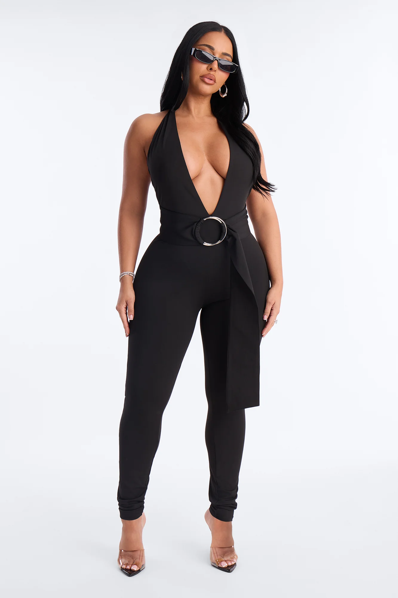 Walk That Walk Backless Belted Catsuit - Black