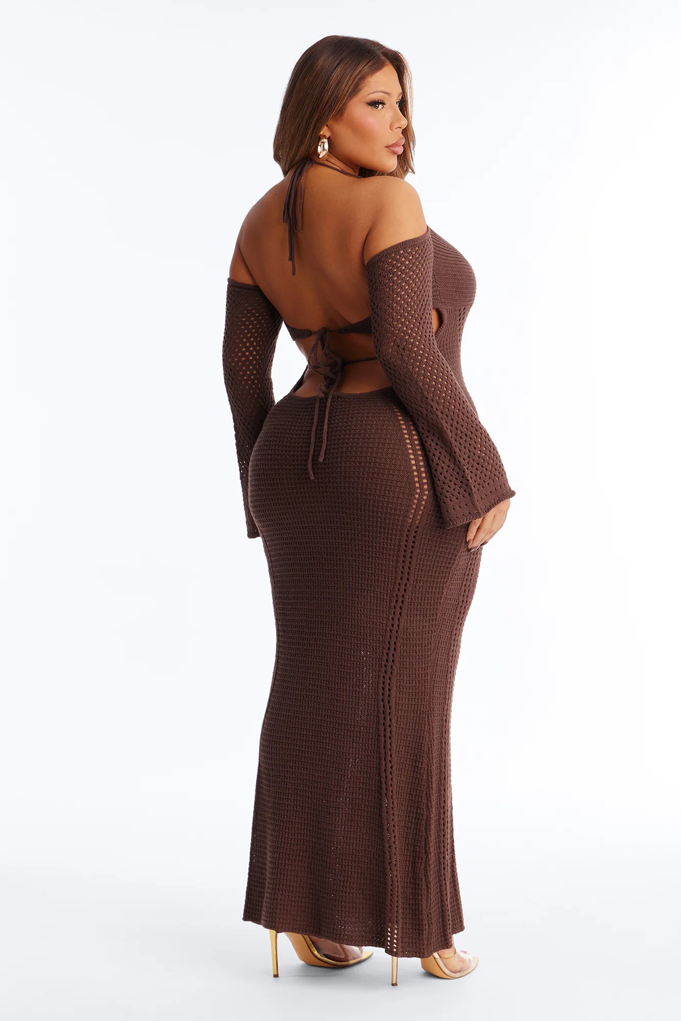 Wanderlust Backless Crochet Maxi Dress - Chocolate - Image 8