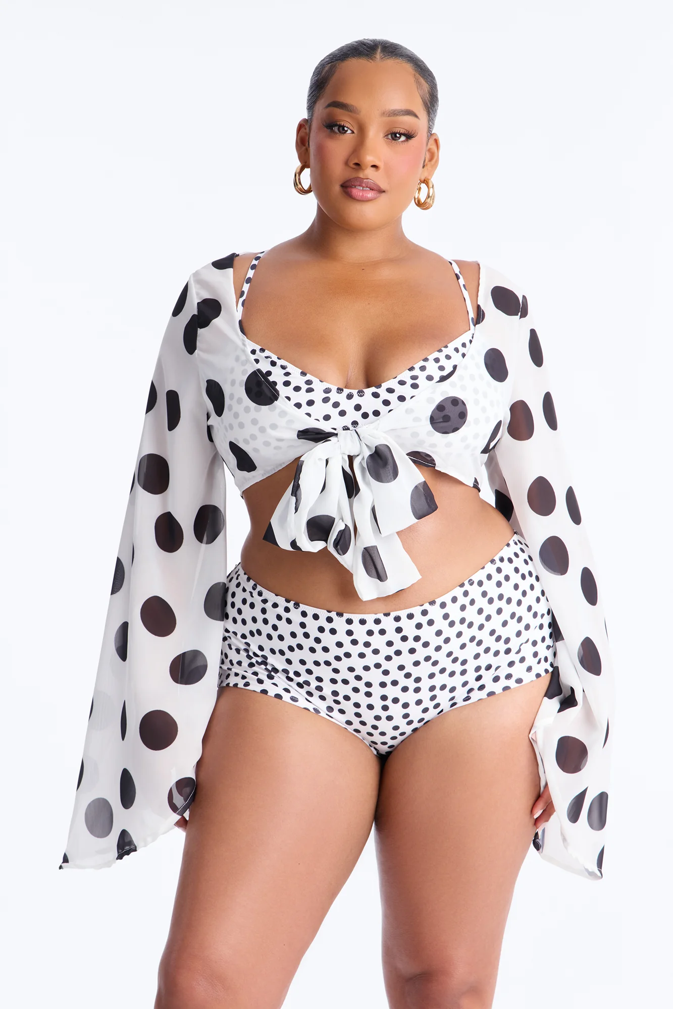 Warm Vacay Sheer Flare Sleeve Front Tie Boyshort 3 Piece Bikini Set - White/Black - Image 8