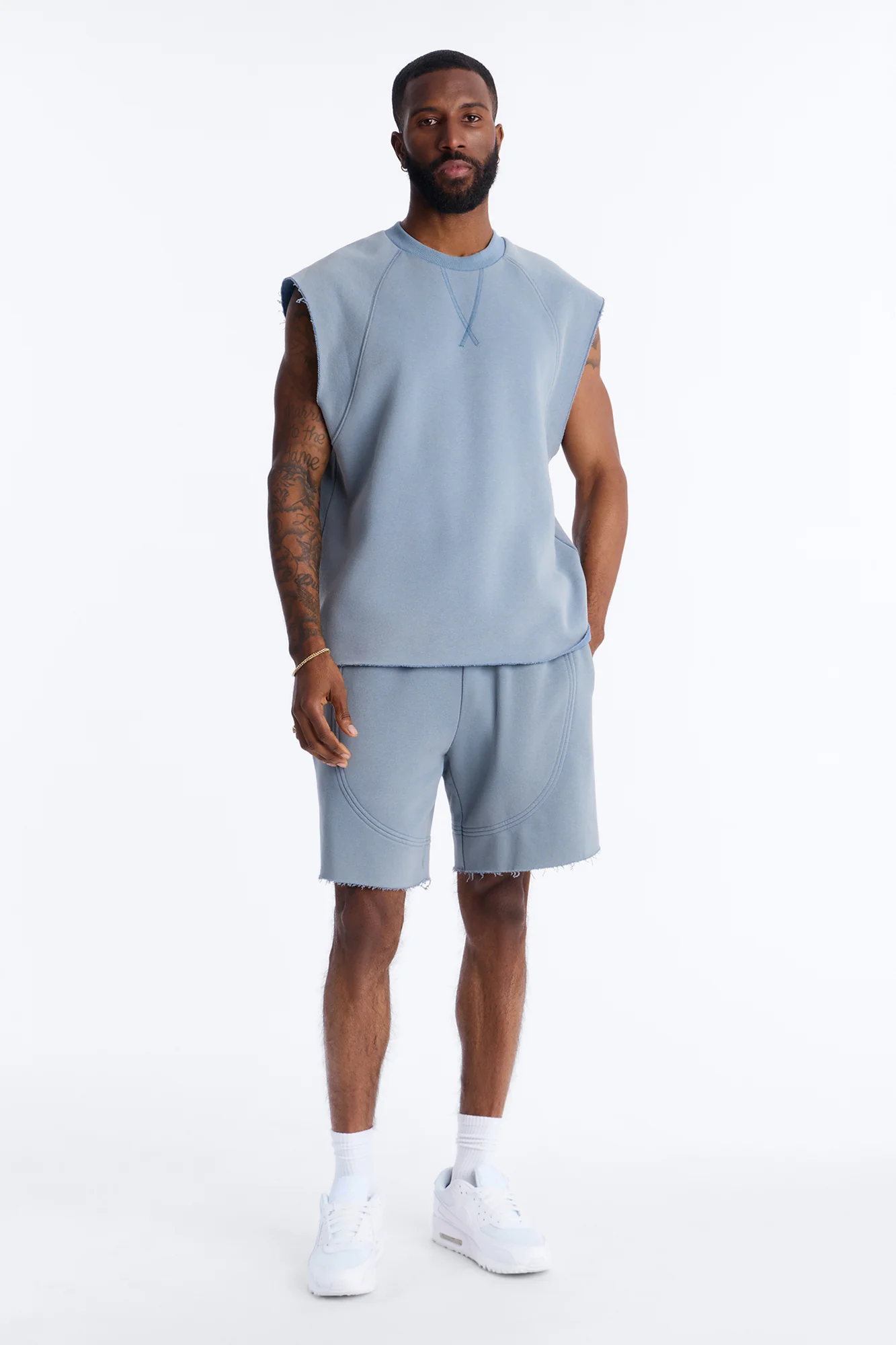 Washed Raw Edge Baggy Sweatshort - Slate Blue - Image 2