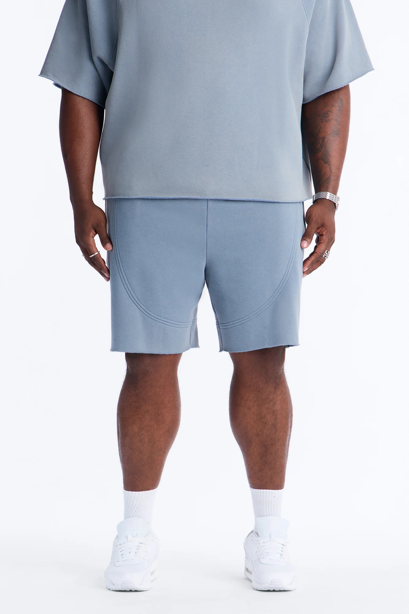 Washed Raw Edge Baggy Sweatshort - Slate Blue - Image 5
