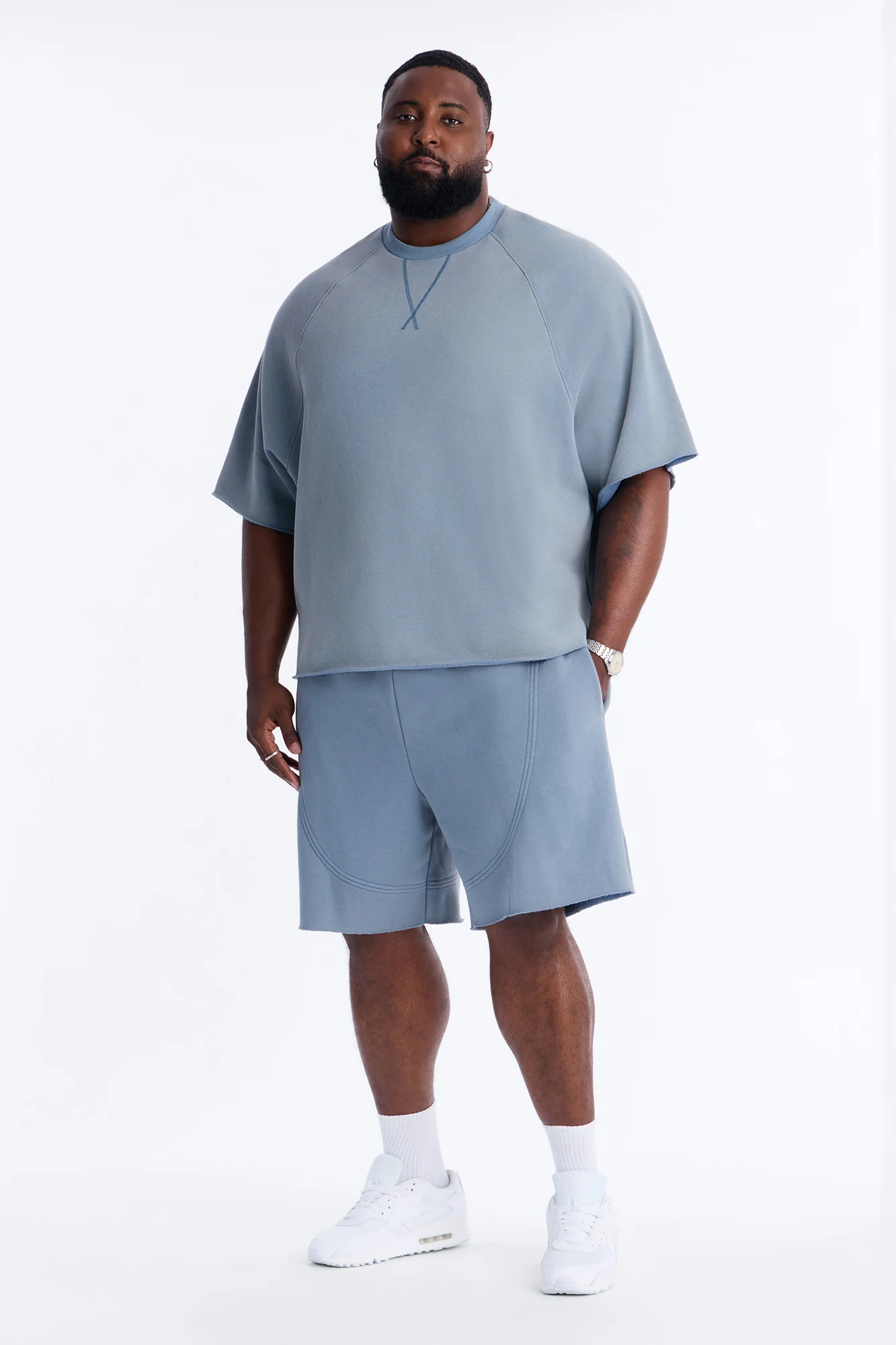 Washed Raw Edge Baggy Sweatshort - Slate Blue - Image 6