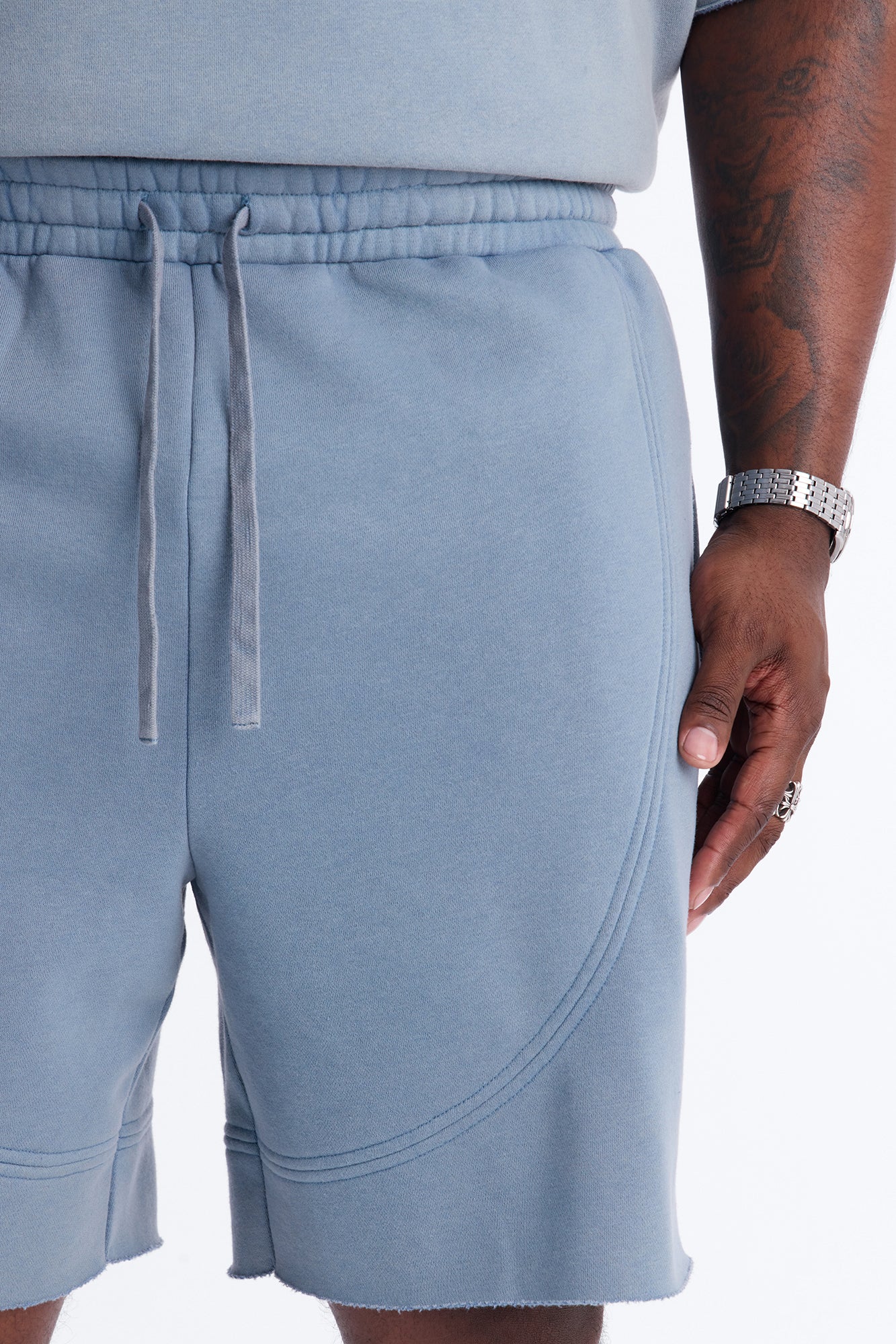 Washed Raw Edge Baggy Sweatshort - Slate Blue - Image 7