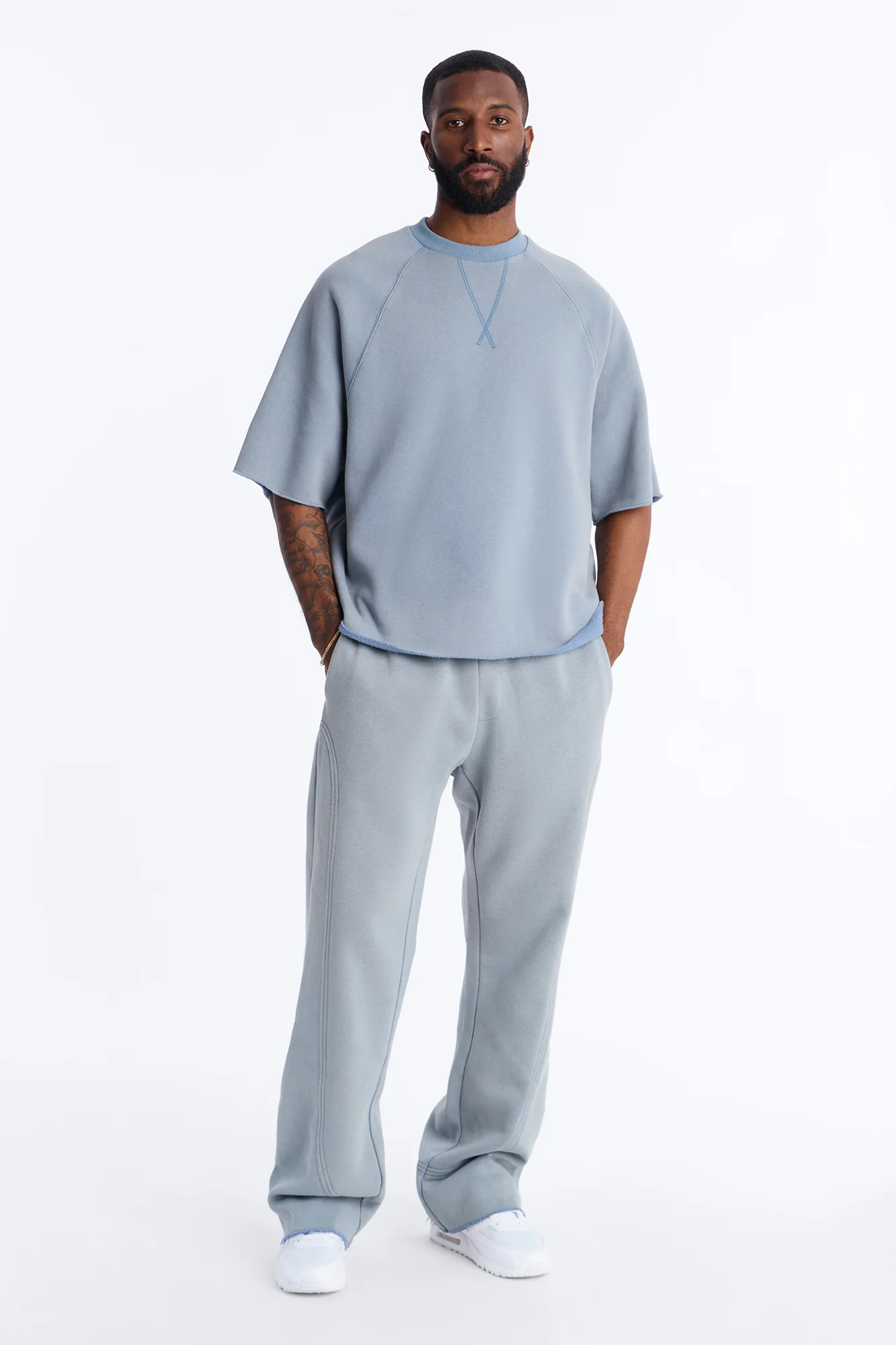 Washed Raw Edge Flare Sweatpant - Slate Blue - Image 2